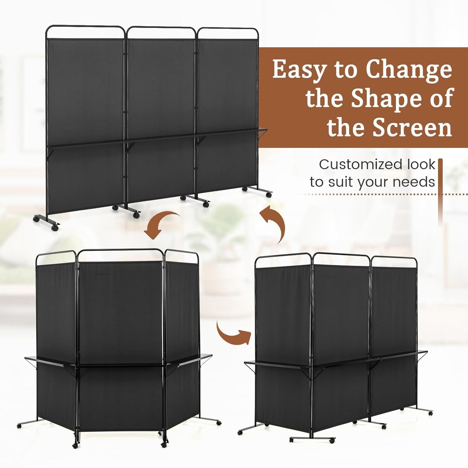3 Panel Black Folding Room Divider with Shelves & Wheels Privacy Screen 188cm