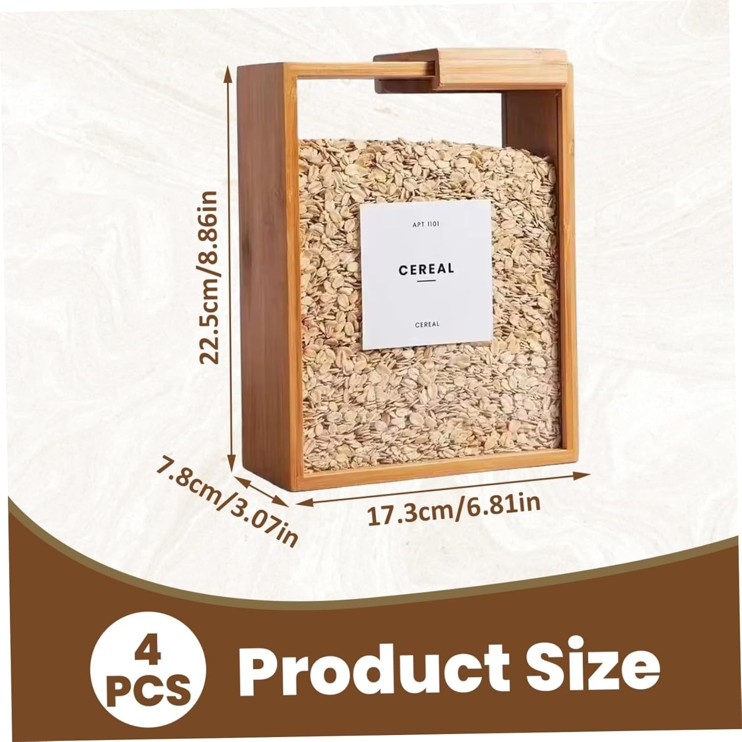 4PCS Bamboo Cereal Storage Containers 9x7x3in Stackable