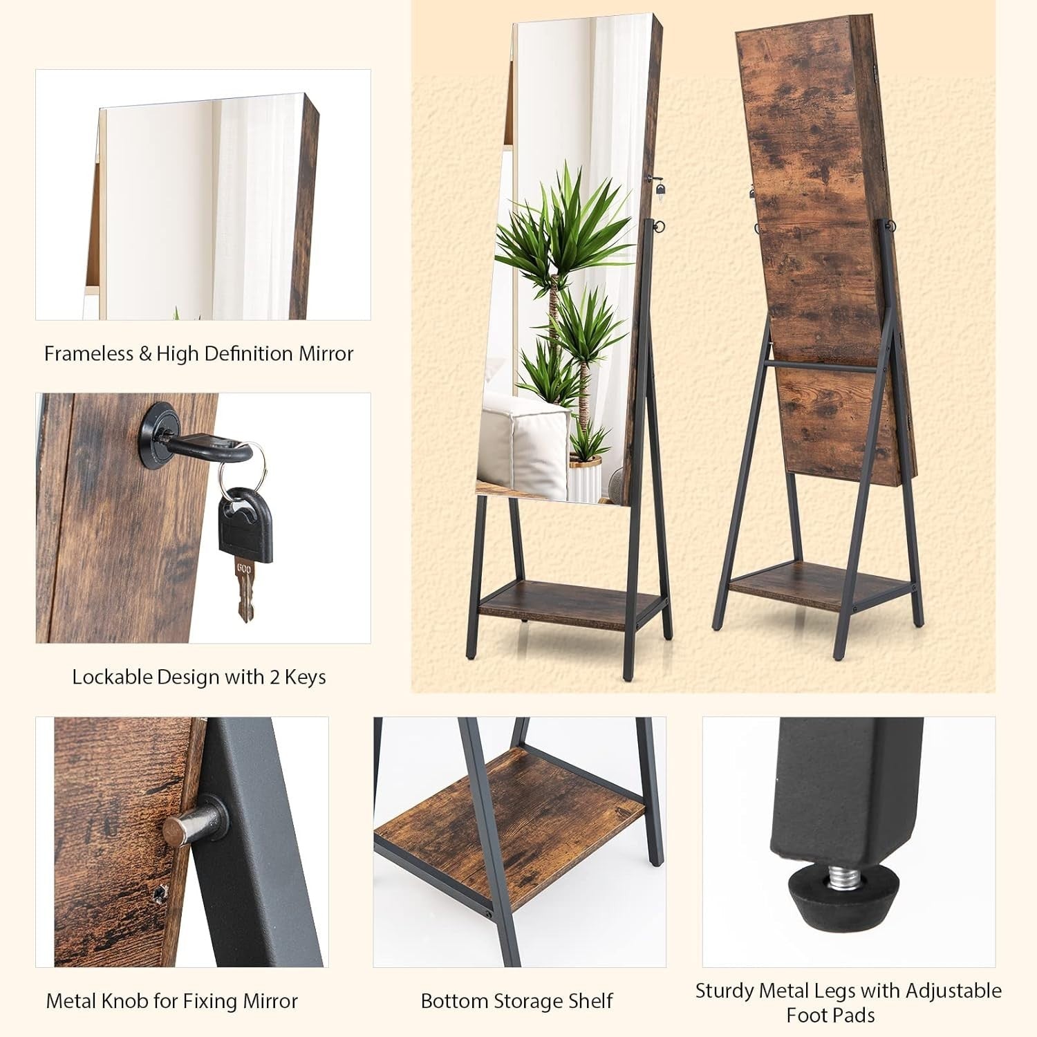 Rustic Brown LED Jewelry Cabinet Mirror Lockable Full Length Storage