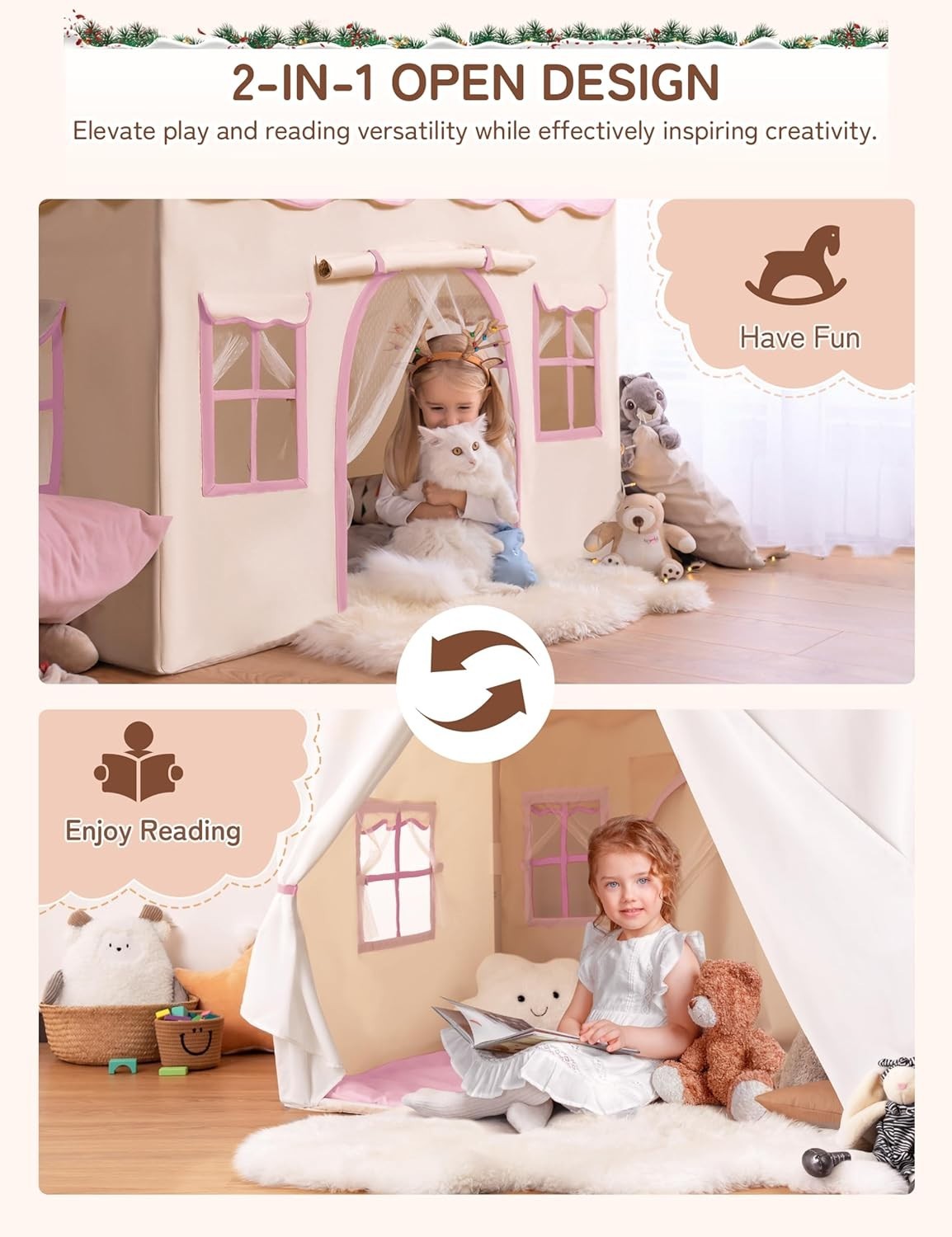 Pink Kids Bed Canopy Play Tent with Lights Padded Indoor Castle