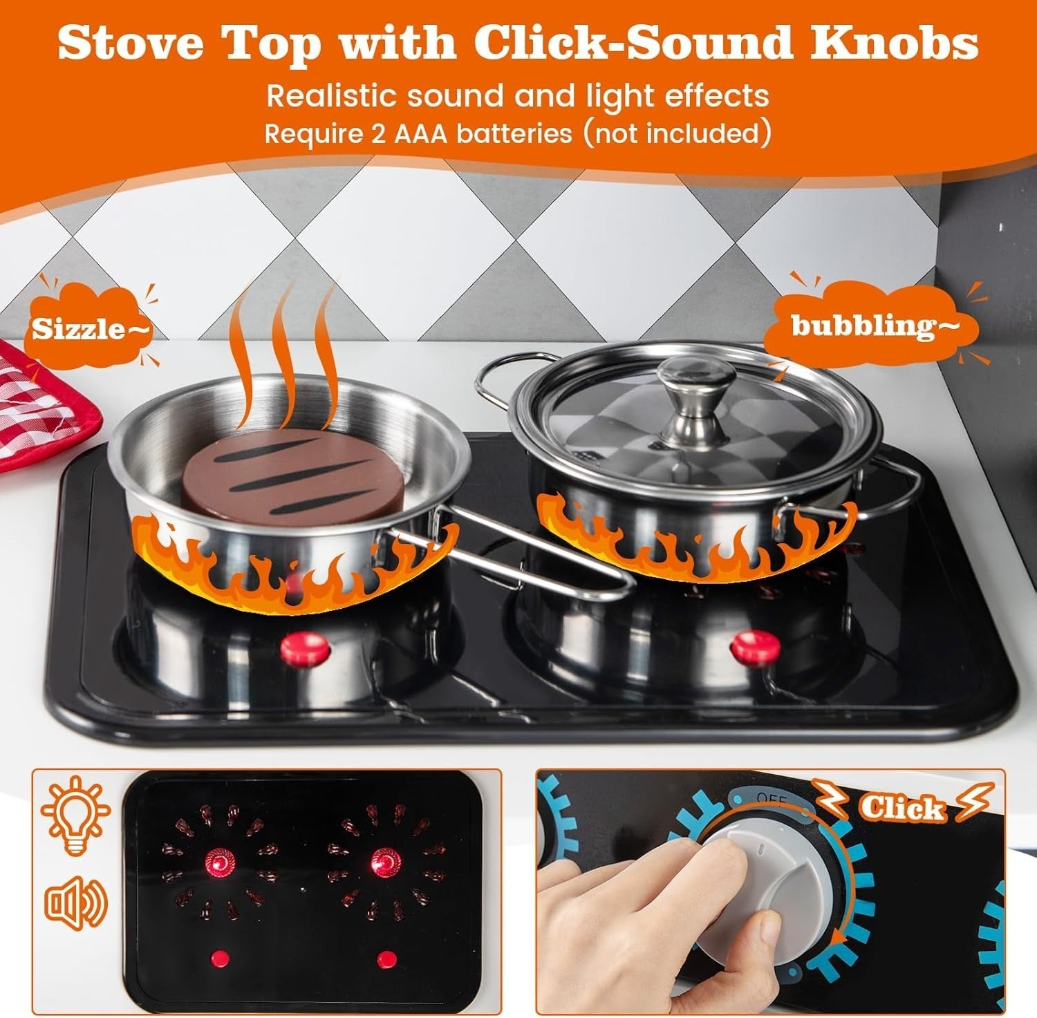 Large Wooden Kids Play Kitchen Grey Black Lights Sounds Toy Set
