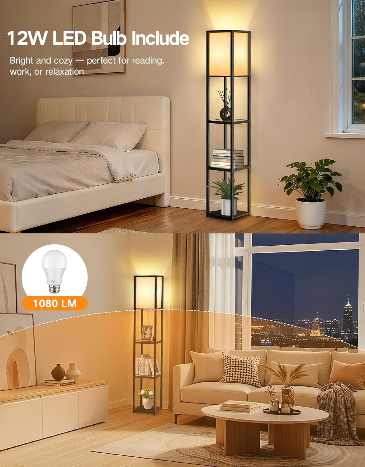 Floor Lamp with Shelves LED Adjustable Colour Standing Storage Light Black