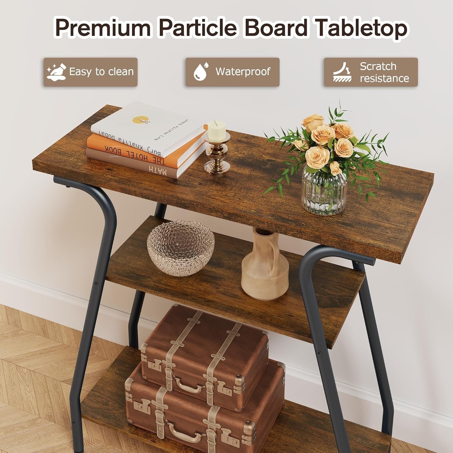 3 Tier Hallway Console Table with Shelves – Slim Rustic Entryway Unit