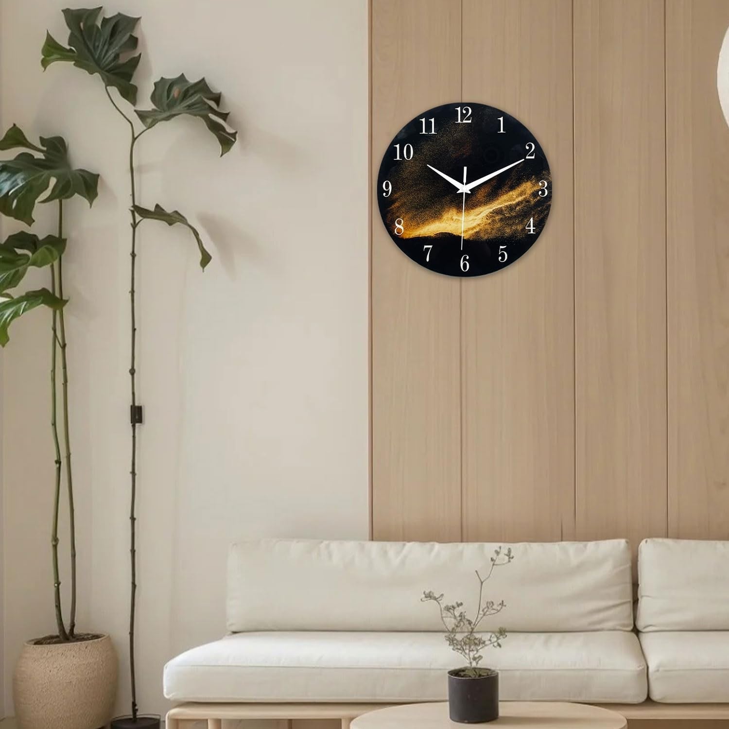 Large 16" Black Gold Glass Wall Clock Modern Silent Non-Ticking Home Decor
