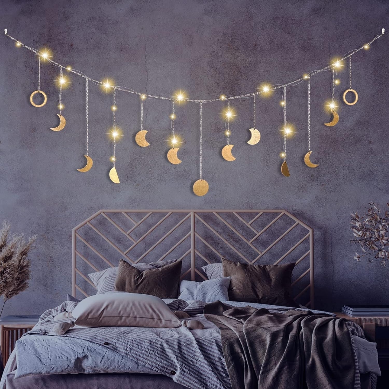 Boho Moon Phase Wall Hanging Garland LED Gold Wood Decor