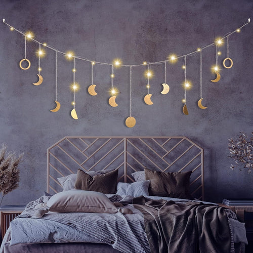 Boho Moon Phase Wall Hanging Garland LED Gold Wood Decor