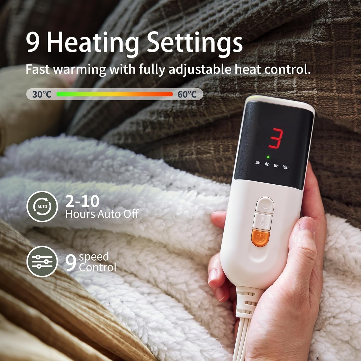 Electric Heated Throw Blanket 130x160cm 9 Heat Timer Auto Washable