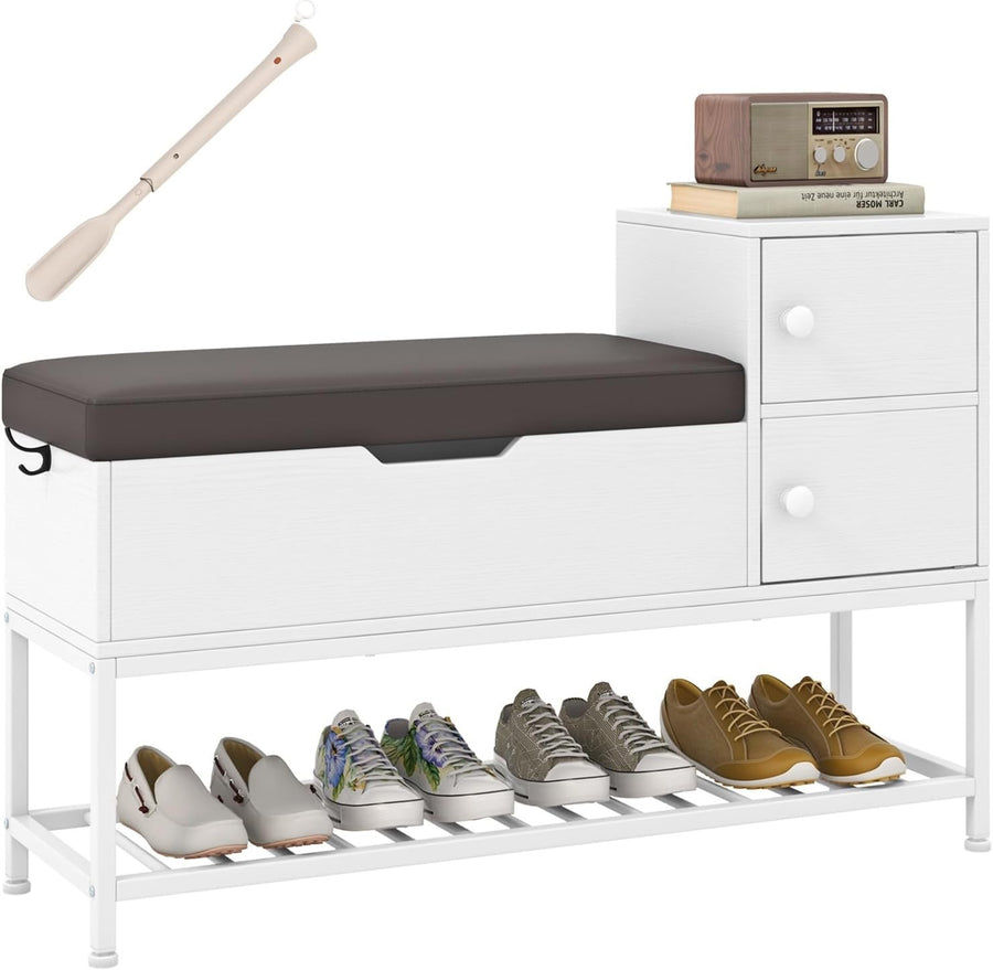 White Shoe Storage Bench with Flip Top & Cushion – Metal Frame 100cm