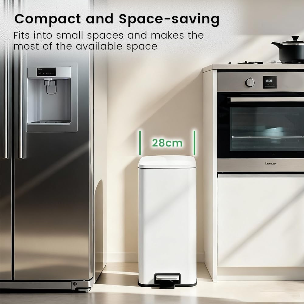 30L Kitchen Pedal Bin Soft Close Square White Stainless Steel