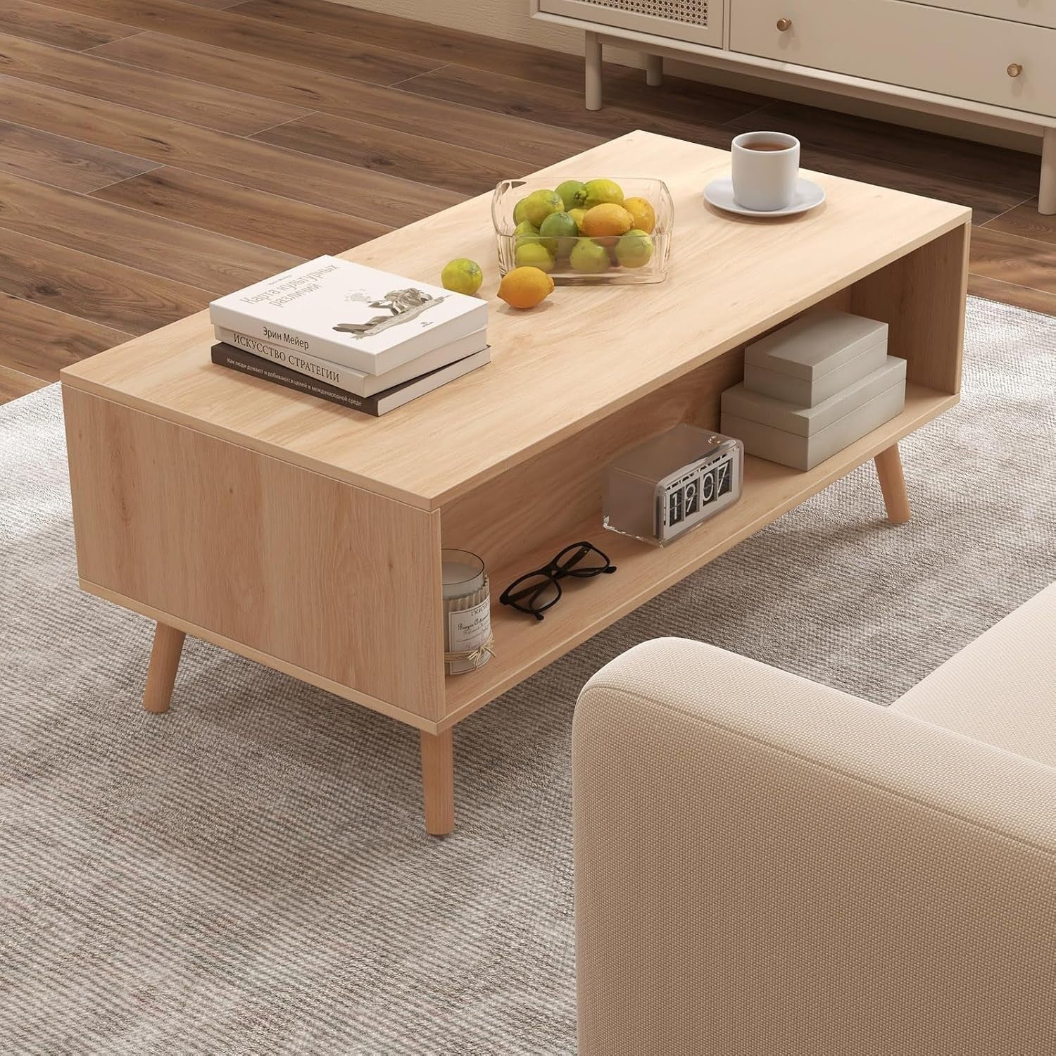 Wooden Coffee Table with 2 Rattan Drawers Storage & Solid Wood Legs 100x50x41cm