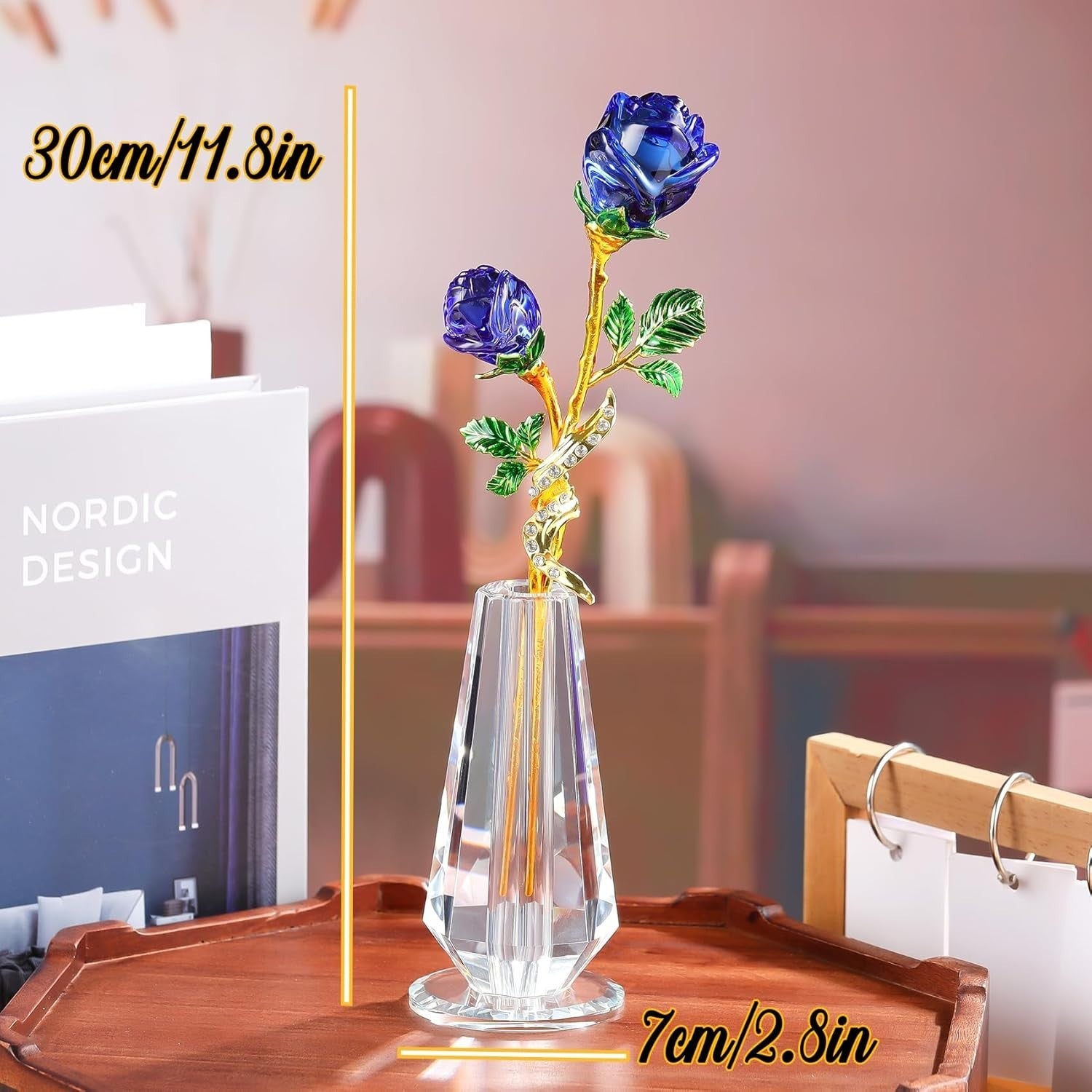 Blue Crystal Rose Flower Figurine with Vase – Luxury Glass Ornament Gift Decor
