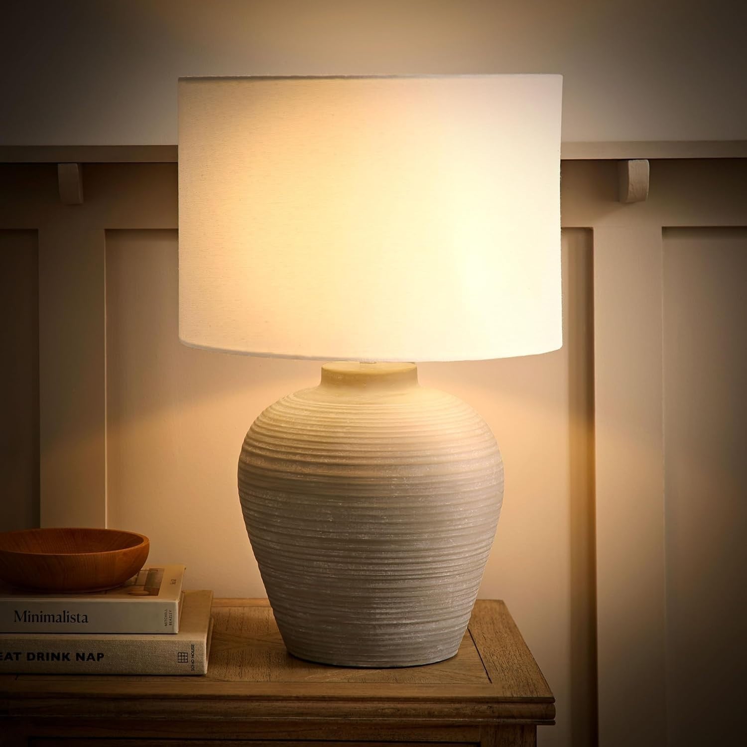 Stone Grey Ribbed Ceramic Table Lamp Large Linen Drum Shade 54cm