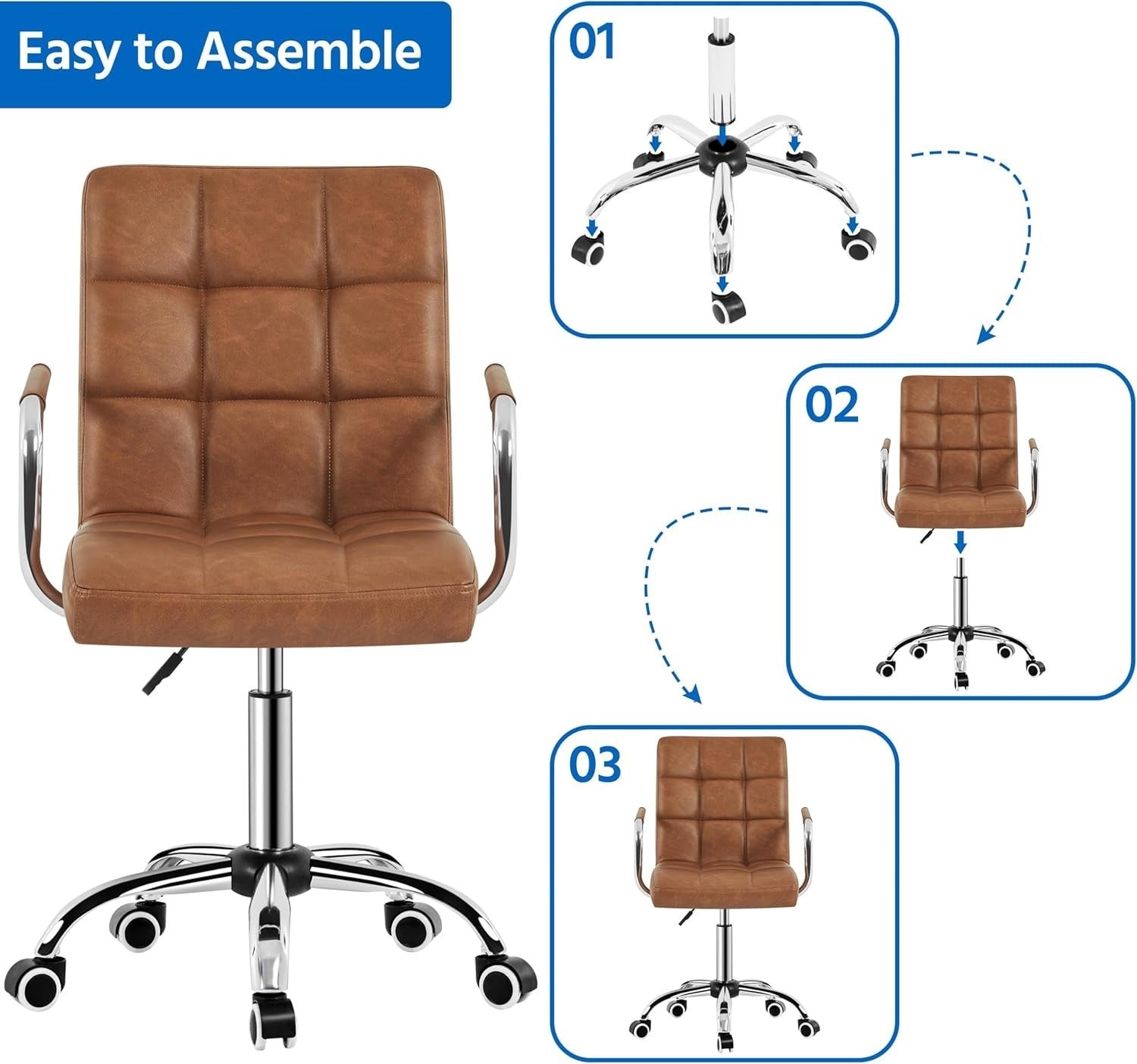 Retro Brown Faux Leather Office Desk Chair Adjustable Swivel Task Rolling Seat