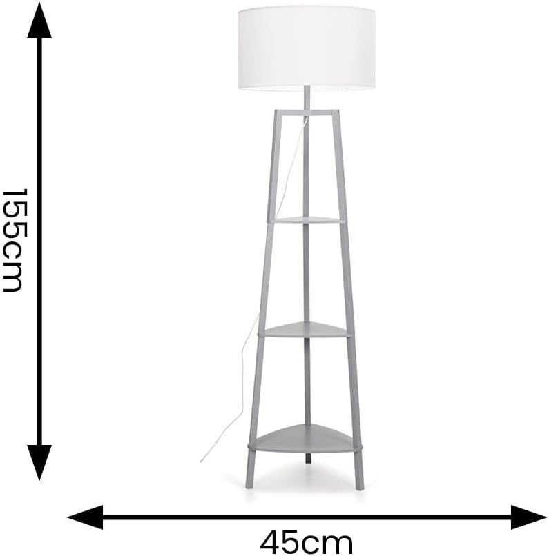 Modern Grey 3 Tier Floor Lamp with Shelves & White Shade | 156cm Wood Light