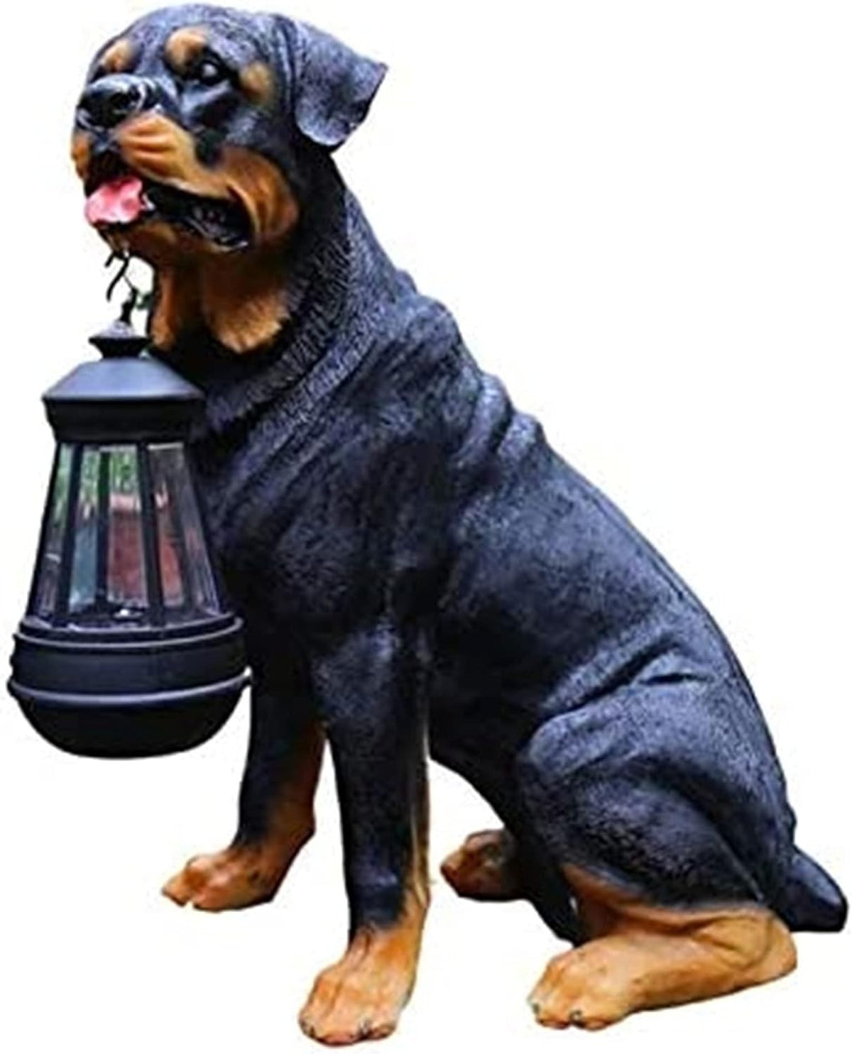 Rottweiler Garden Dog Statue with Solar Lantern Outdoor Resin Ornament