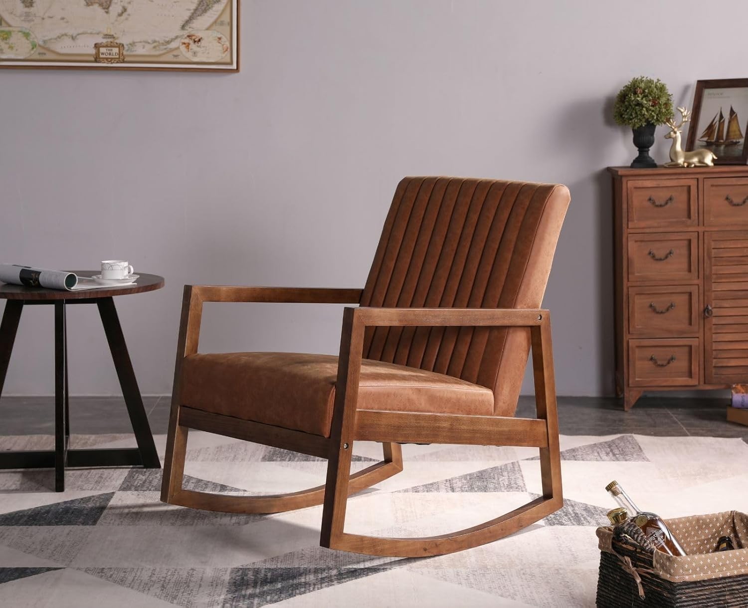Cozy PU Leather Rocking Chair with Wood Frame, Quilted Backrest