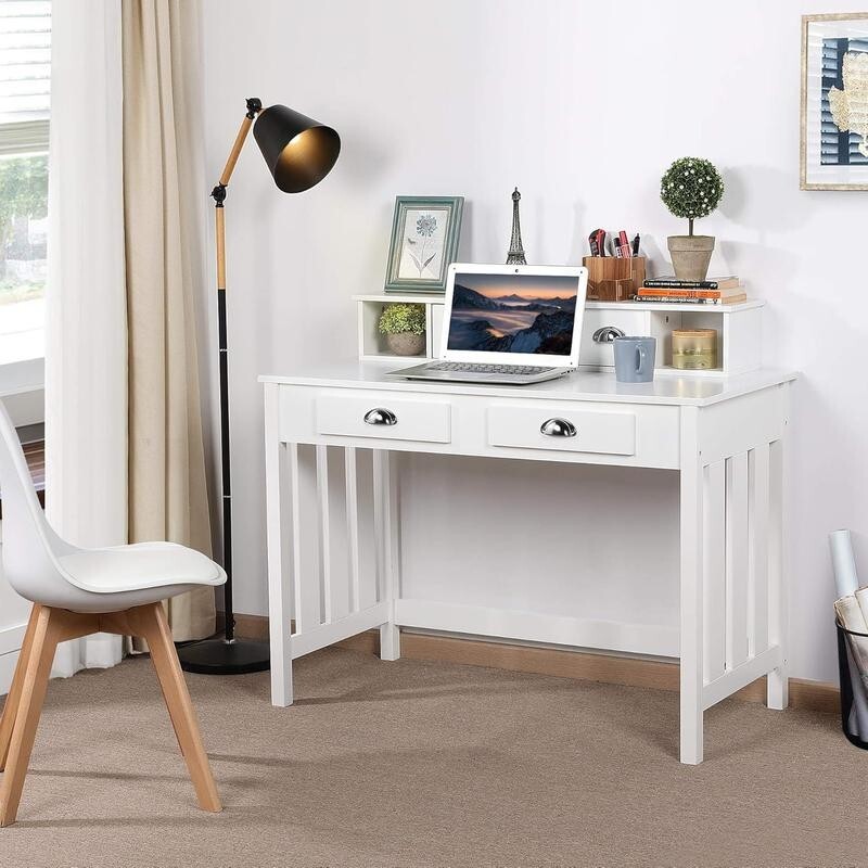 White Computer Desk 4 Drawer Home Office Table Hutch Laptop Workstation