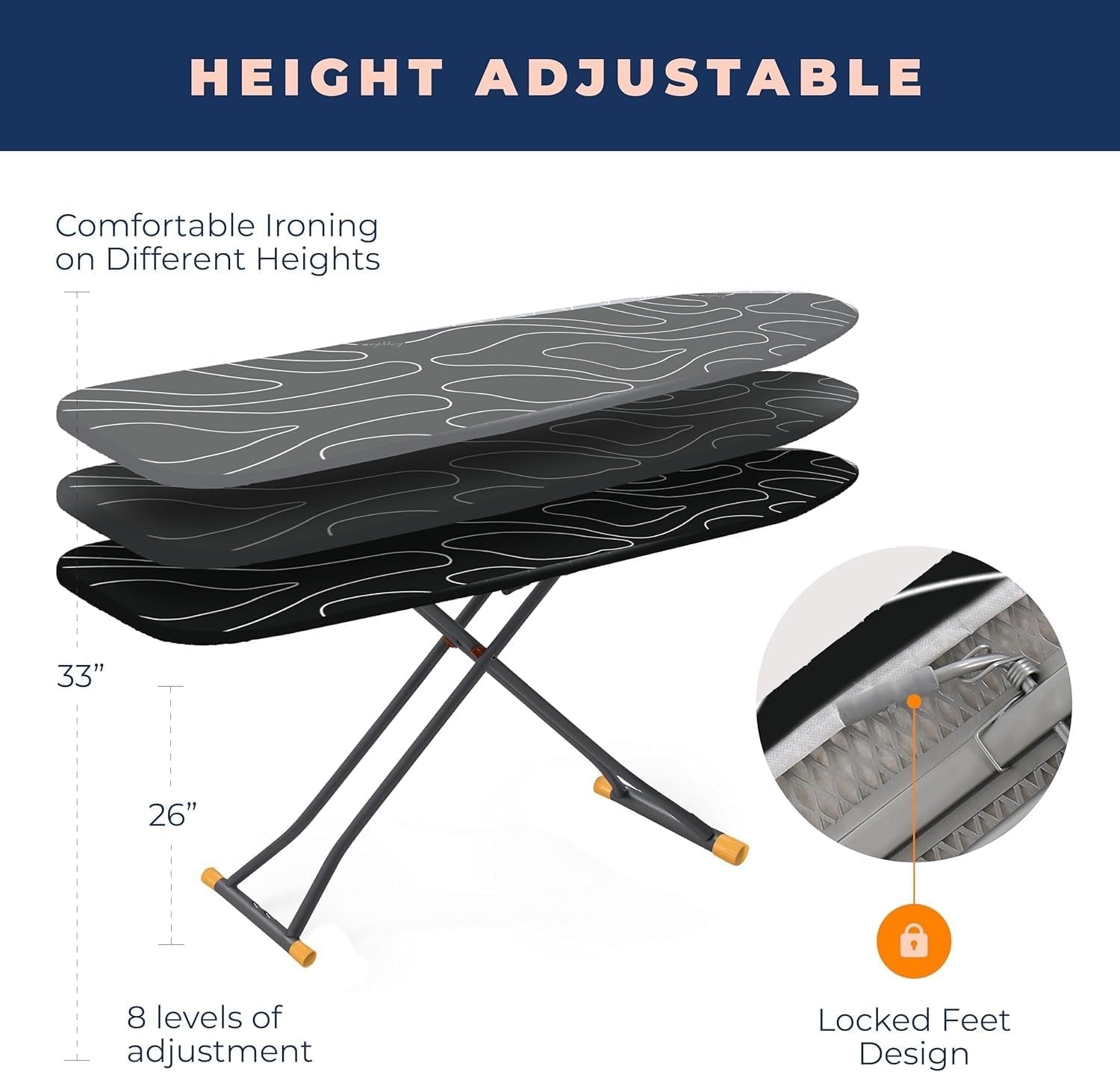 Compact Space Saving Ironing Board Adjustable Height Extra Thick Cover