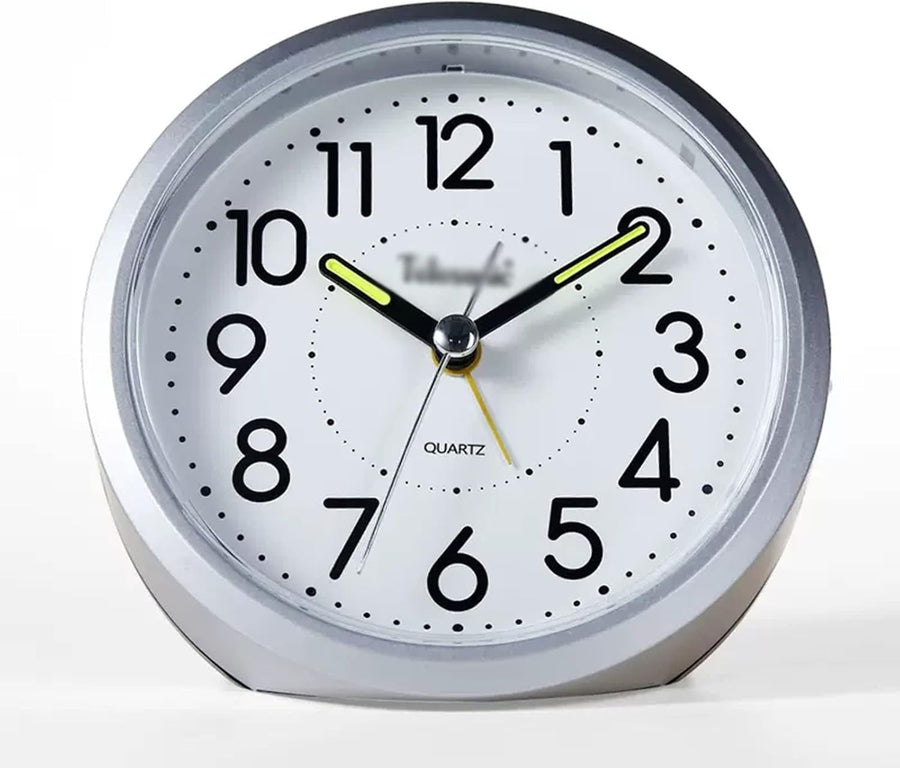 Silver 4 Inch Silent Alarm Clock Non Ticking Night Light Heavy Sleeper