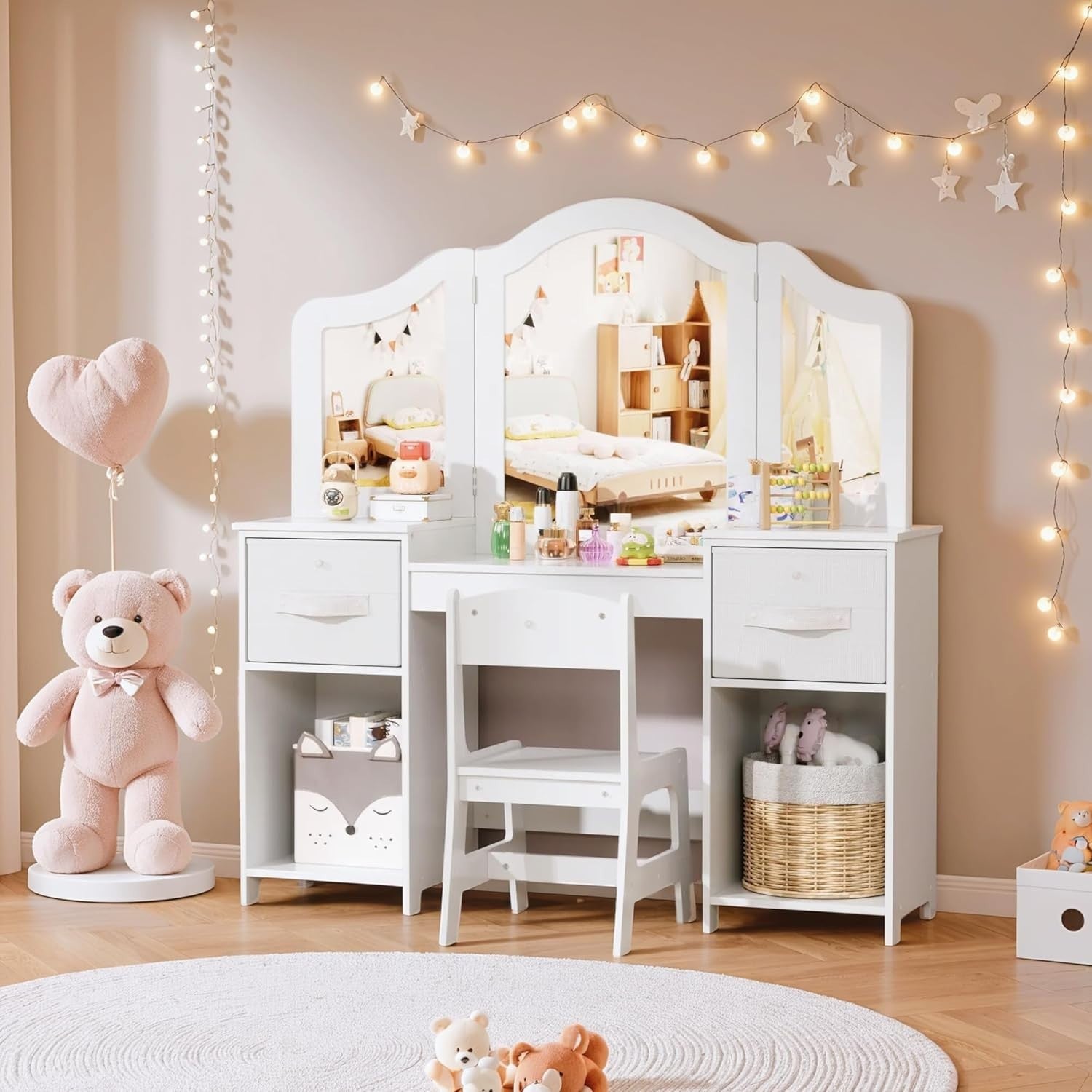Kids Vanity Table & Chair Set w/ Mirror & Storage – White Makeup Desk for Girls