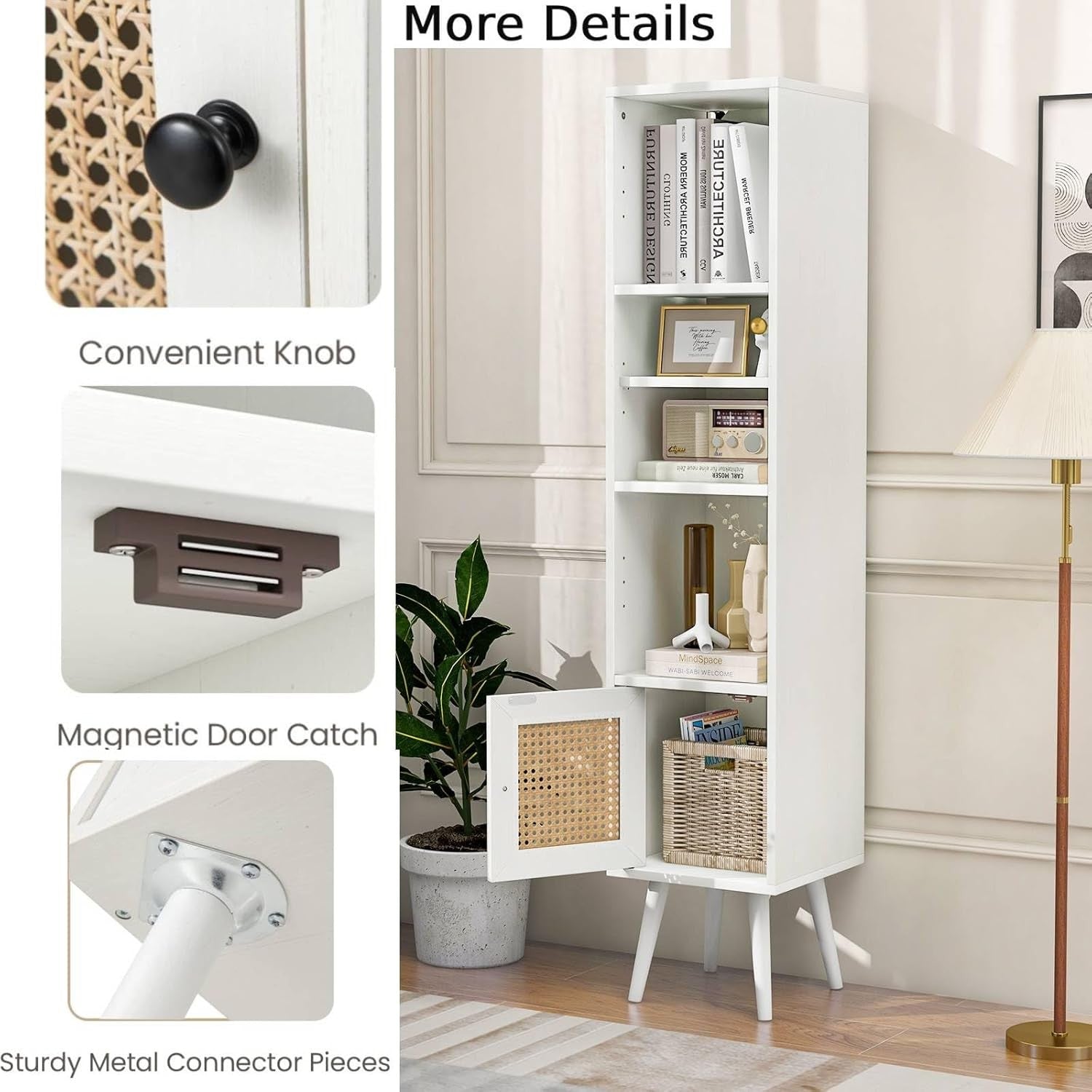 Slim Tall White Bookcase with Cabinet 6-Tier Adjustable Shelves Modern Storage