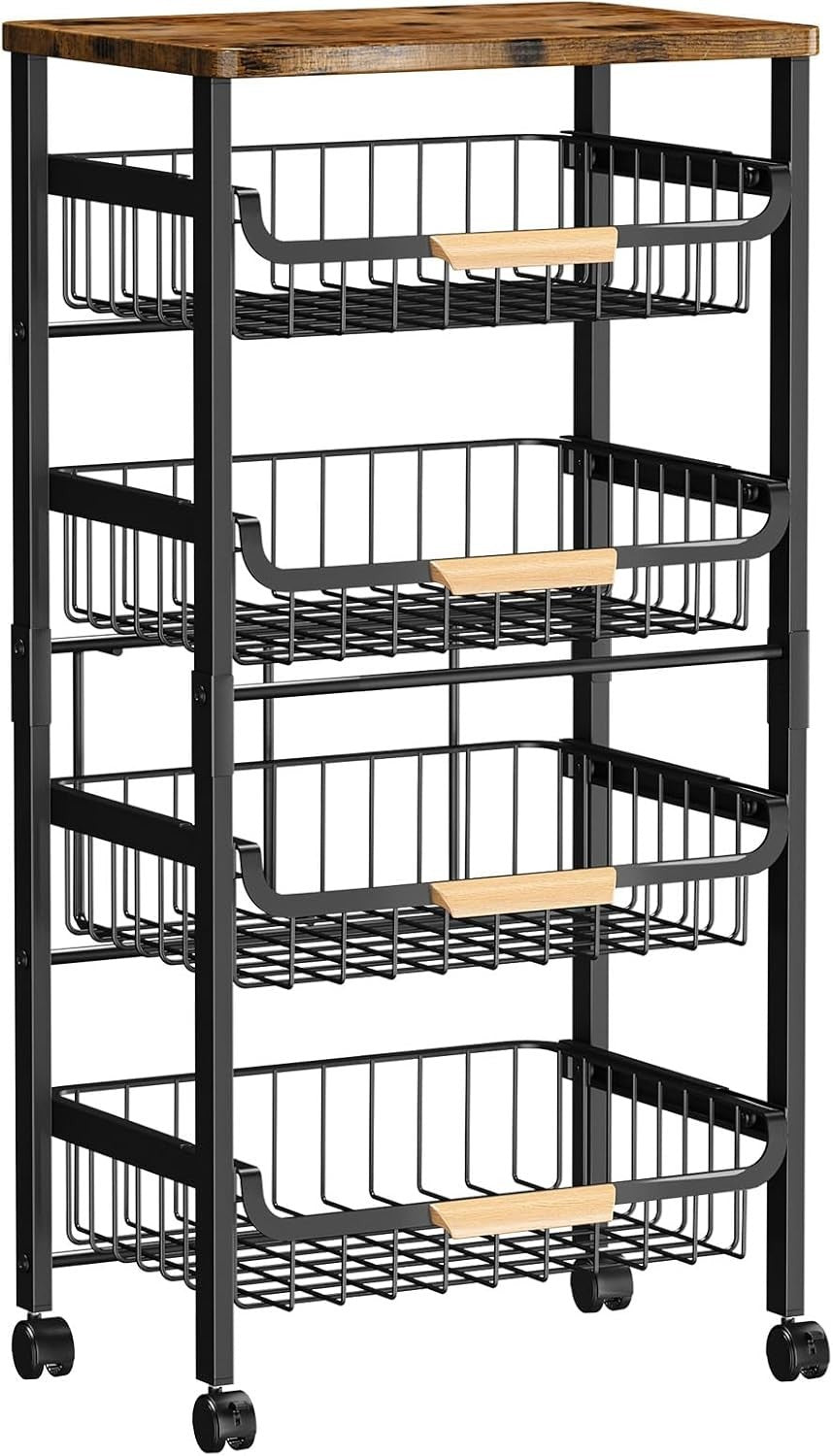 5 Tier Kitchen Trolley on Wheels Storage Rack Wood Top