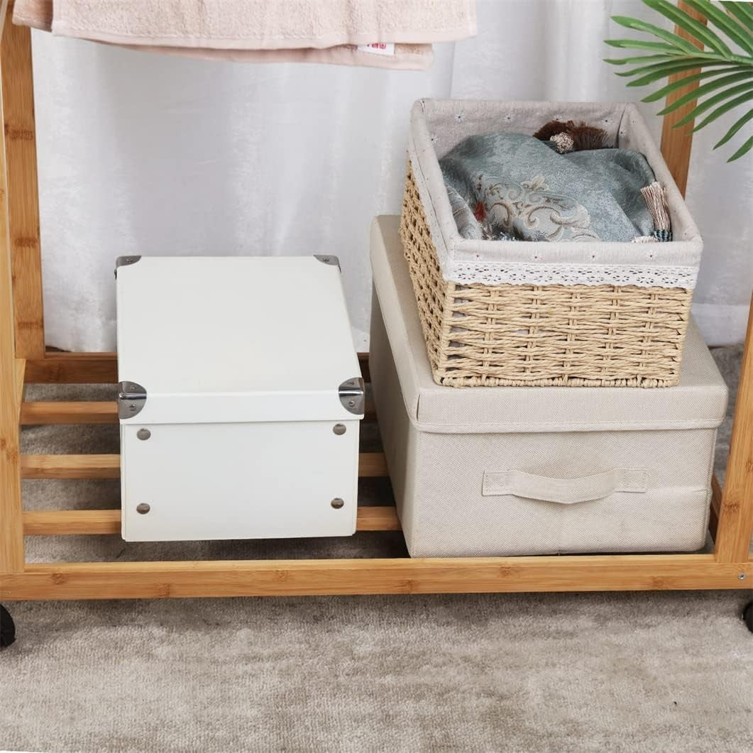 Bamboo Clothes Rail Double Hanging Rack with Wheels & Shelves – 80x40x160cm