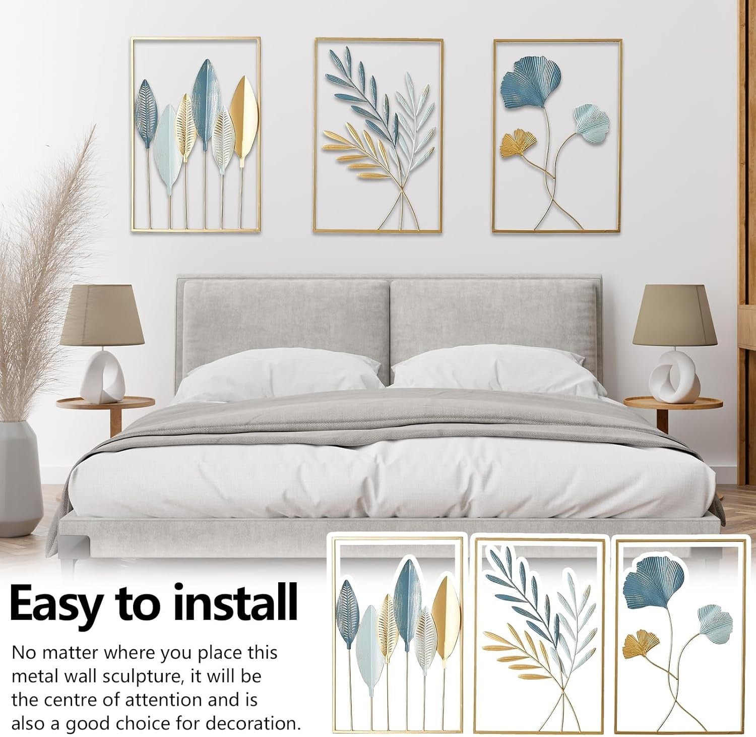 Gold Metal Leaf Wall Art Set 3Pcs Modern 30x40cm