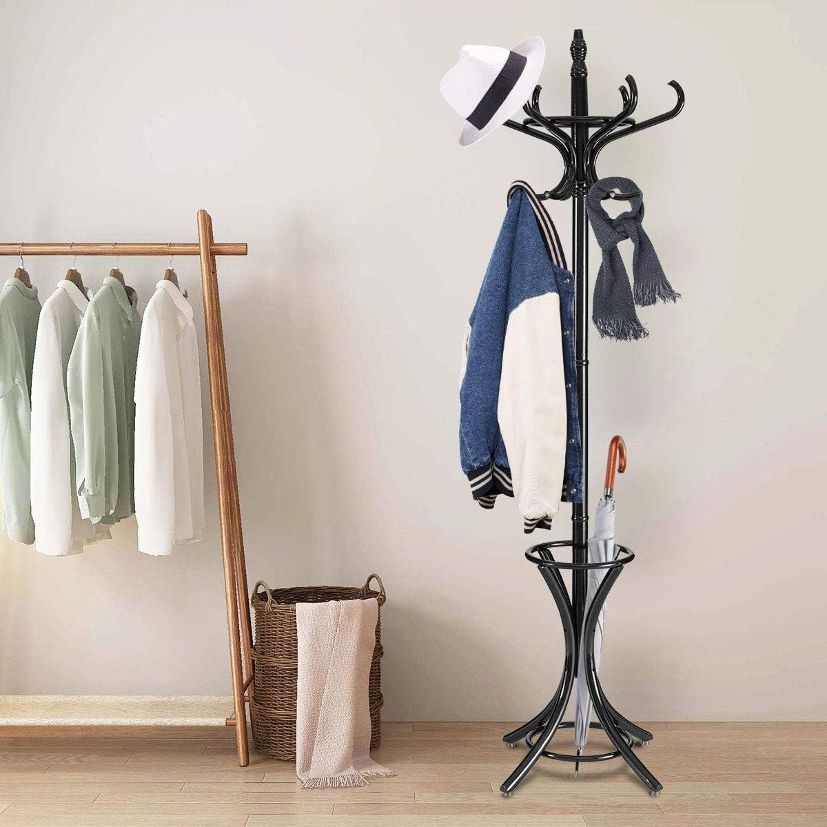 12 Hook Freestanding Wooden Coat Rack Stand with Umbrella Holder – Black