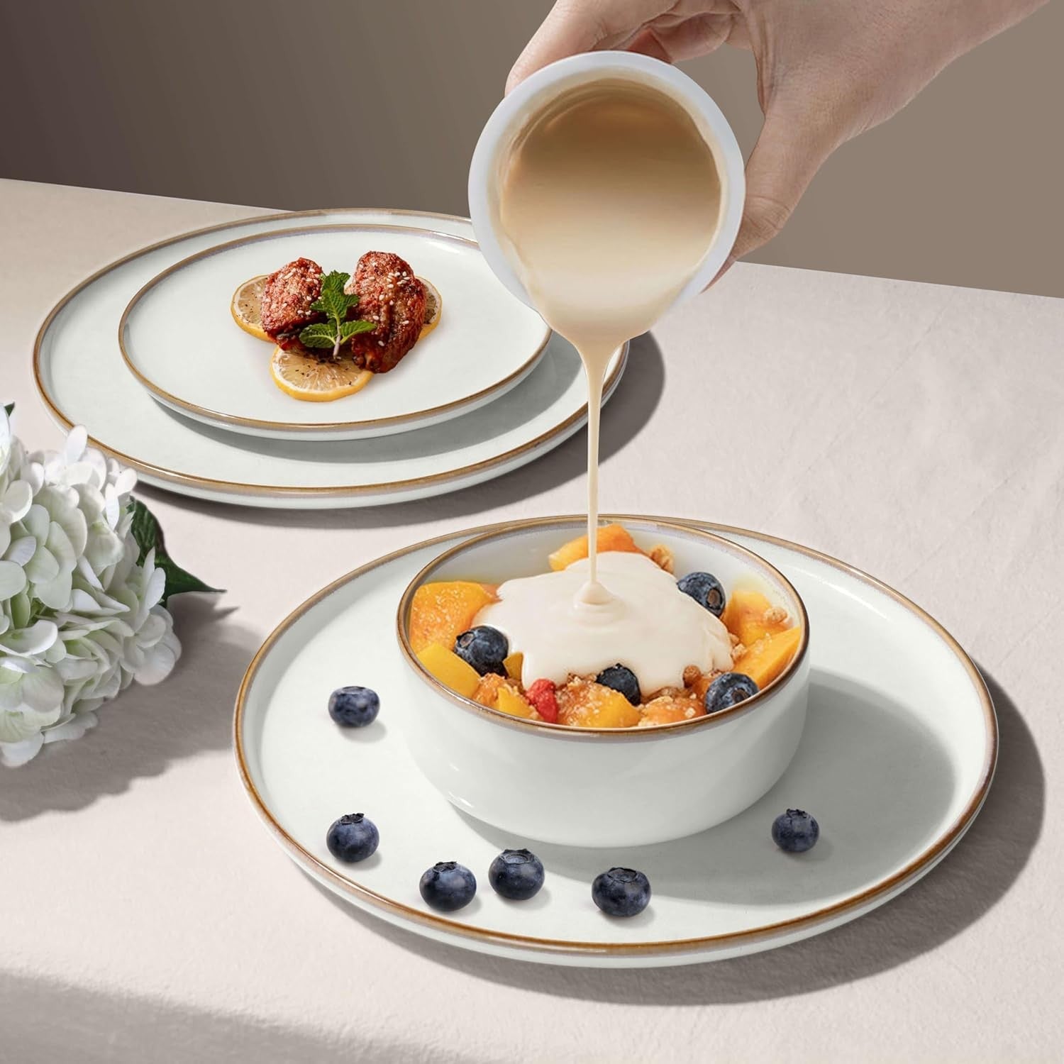 12pc Stoneware Dinner Set Plates Bowls Microwave Dishwasher Safe Ivory