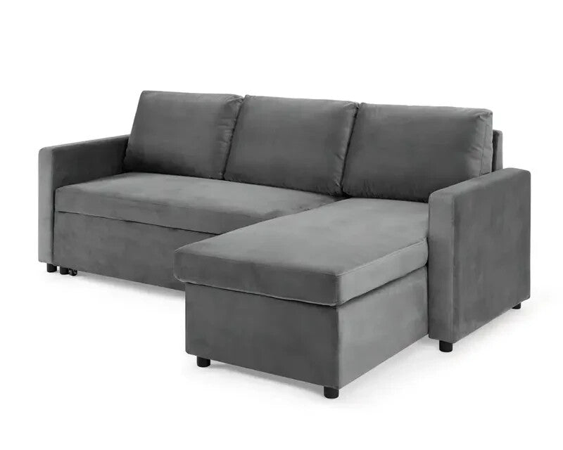 Grey Velvet 3 Seater Sofa Bed Reversible Chaise Pull Out Couch w/ Storage