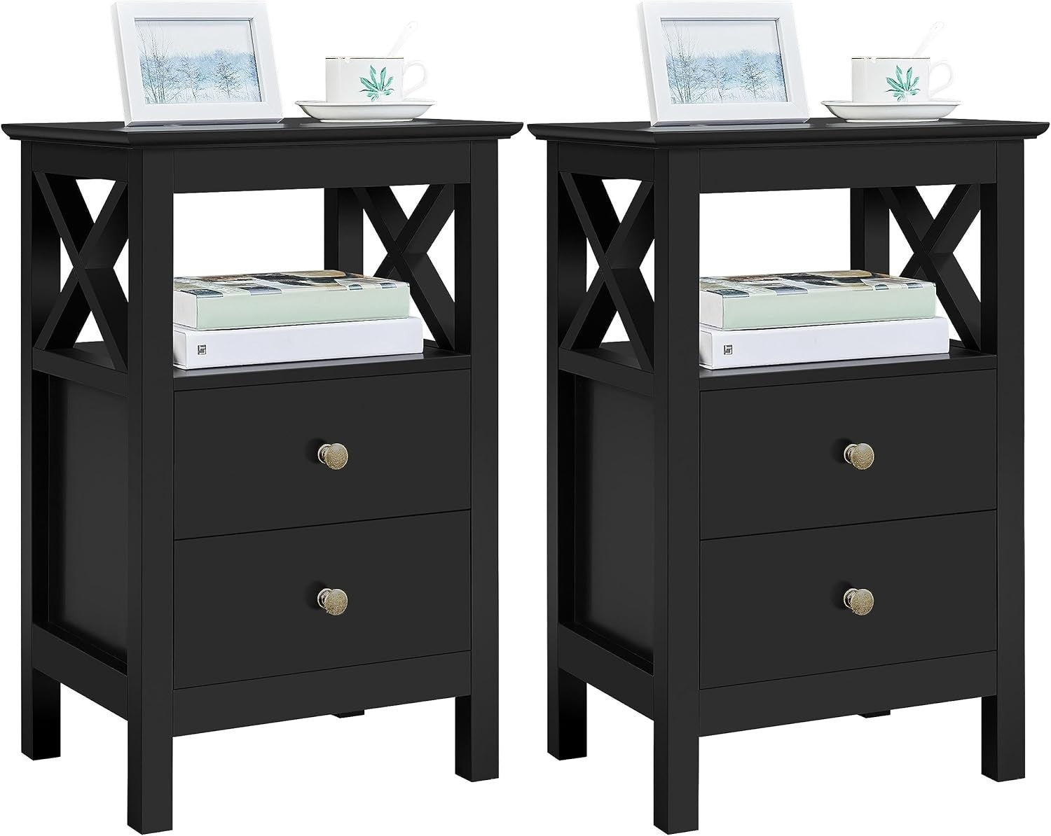 Set of 2 Black Bedside Tables with Drawers & Shelf – Modern X-Design Nightstands