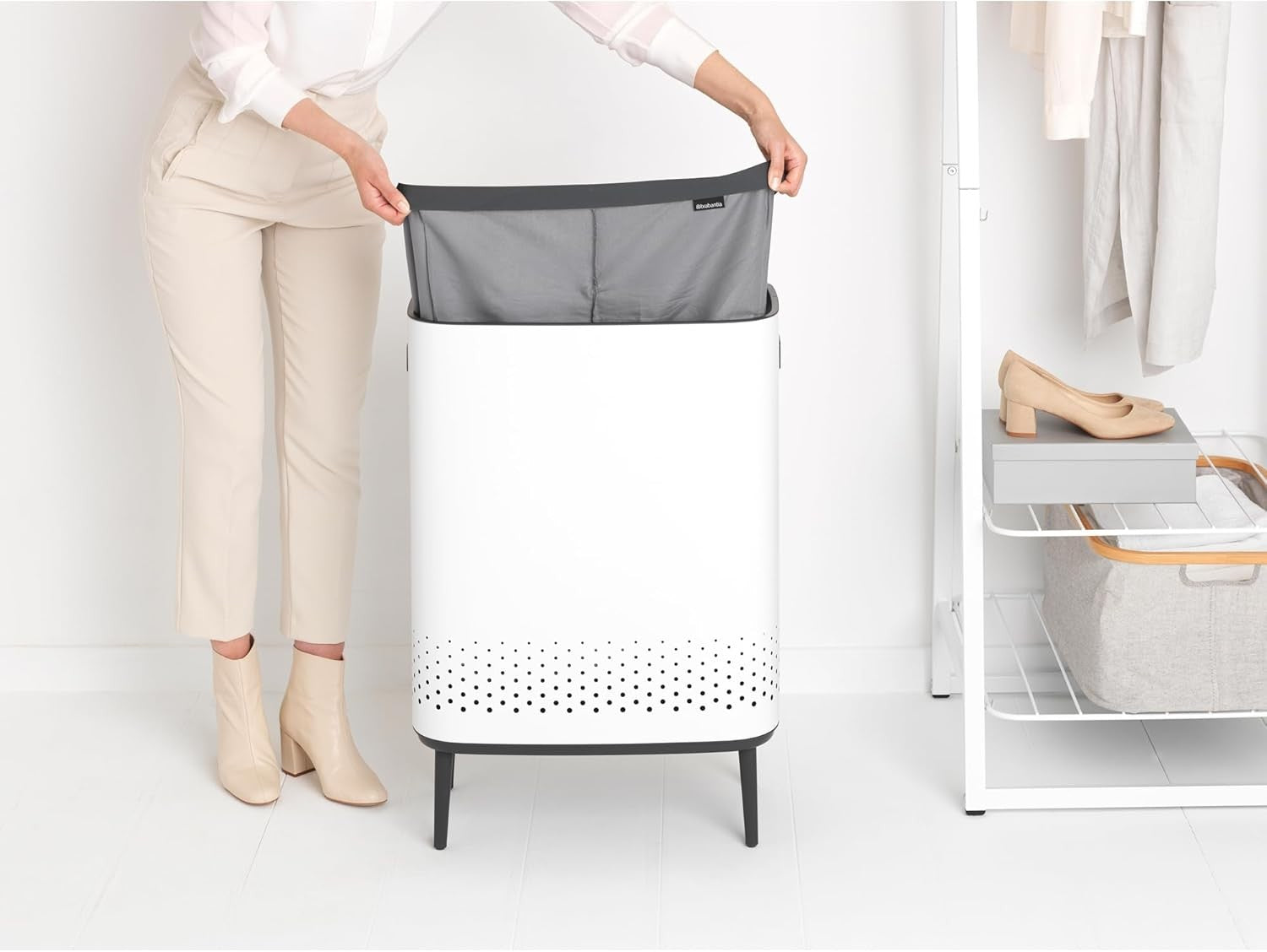 Modern 2×45L Laundry Bin with Lid, Quick-Drop Opening & Removable Bags White