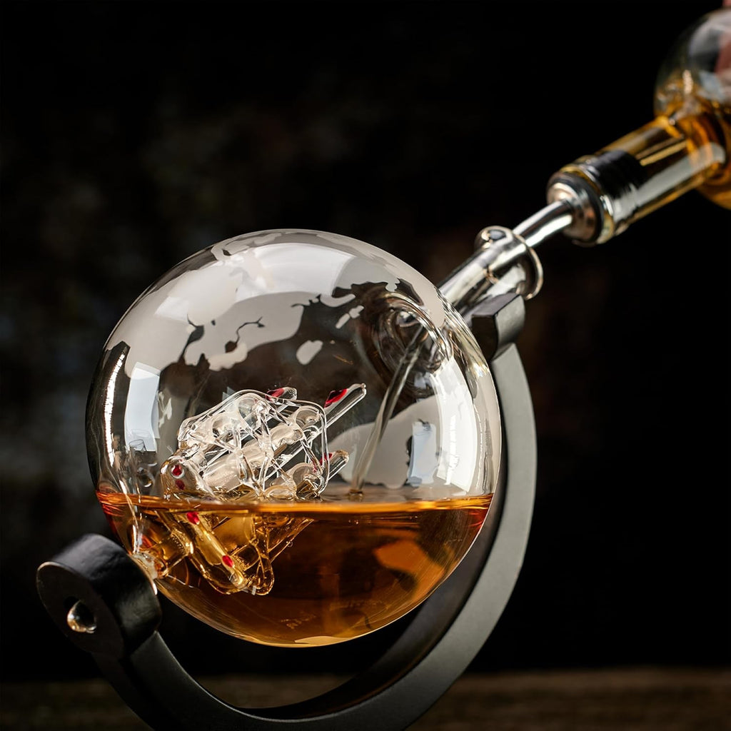 900ml Globe Whiskey Decanter Set with Glasses Stones Tongs Luxury Gift Men
