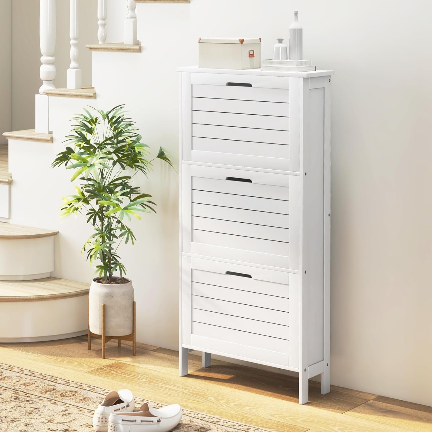 Slim 3‑Tier Flip Shoe Cabinet – Narrow Hallway Storage, Holds 6 Pairs