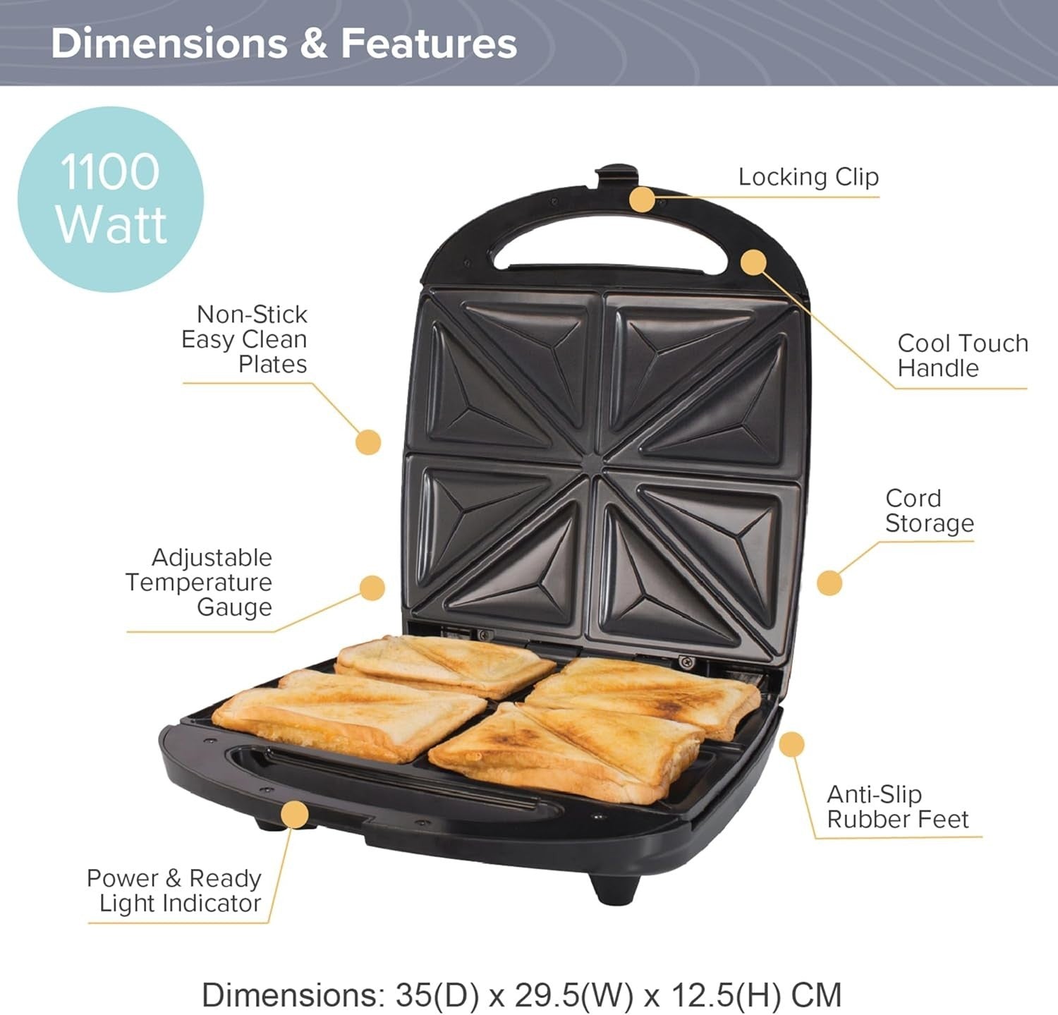 4 Portion Quad Sandwich Toaster Non-Stick, Auto Temp Control, Easy Clean