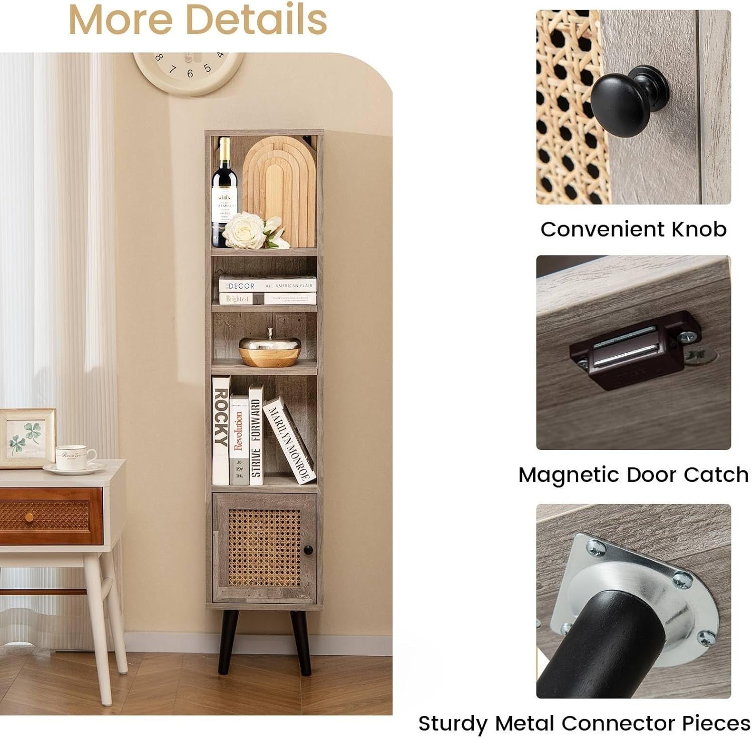Slim Tall Grey Bookcase with Cabinet 6-Tier Adjustable Shelves for Home Office