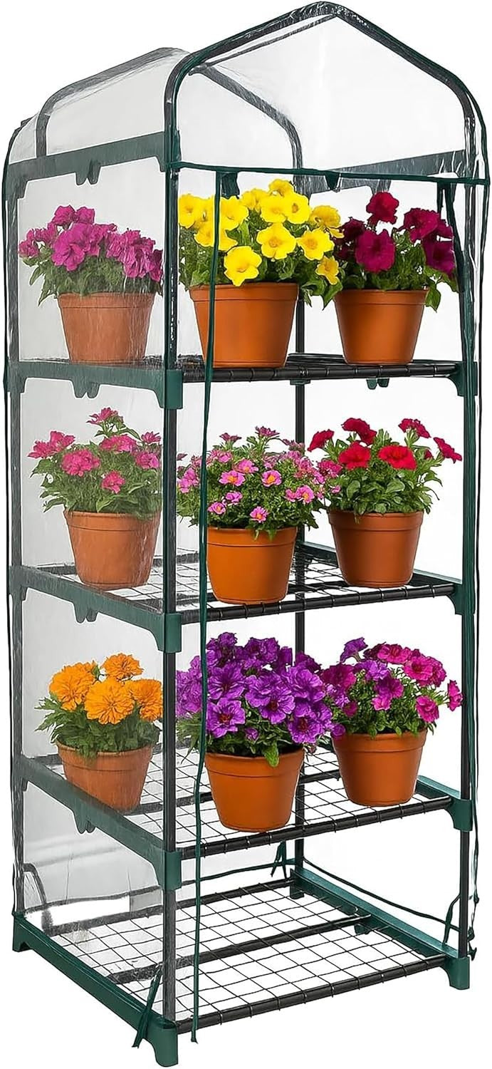 4 Tier Mini Greenhouse Clear PVC Cover | Metal Frame Plant Growhouse for Flowers