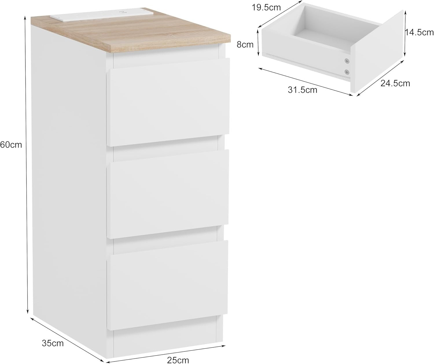 Set of 2 Slim Bedside Tables with Charging Station, 3 Drawers & USB Ports