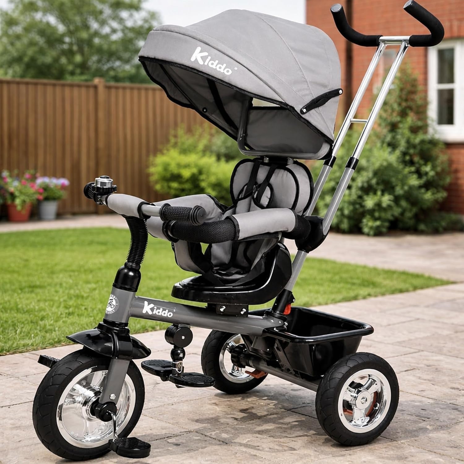 4 in 1 Kids Tricycle Rotating Seat Sun Canopy Parent Push Trike Grey