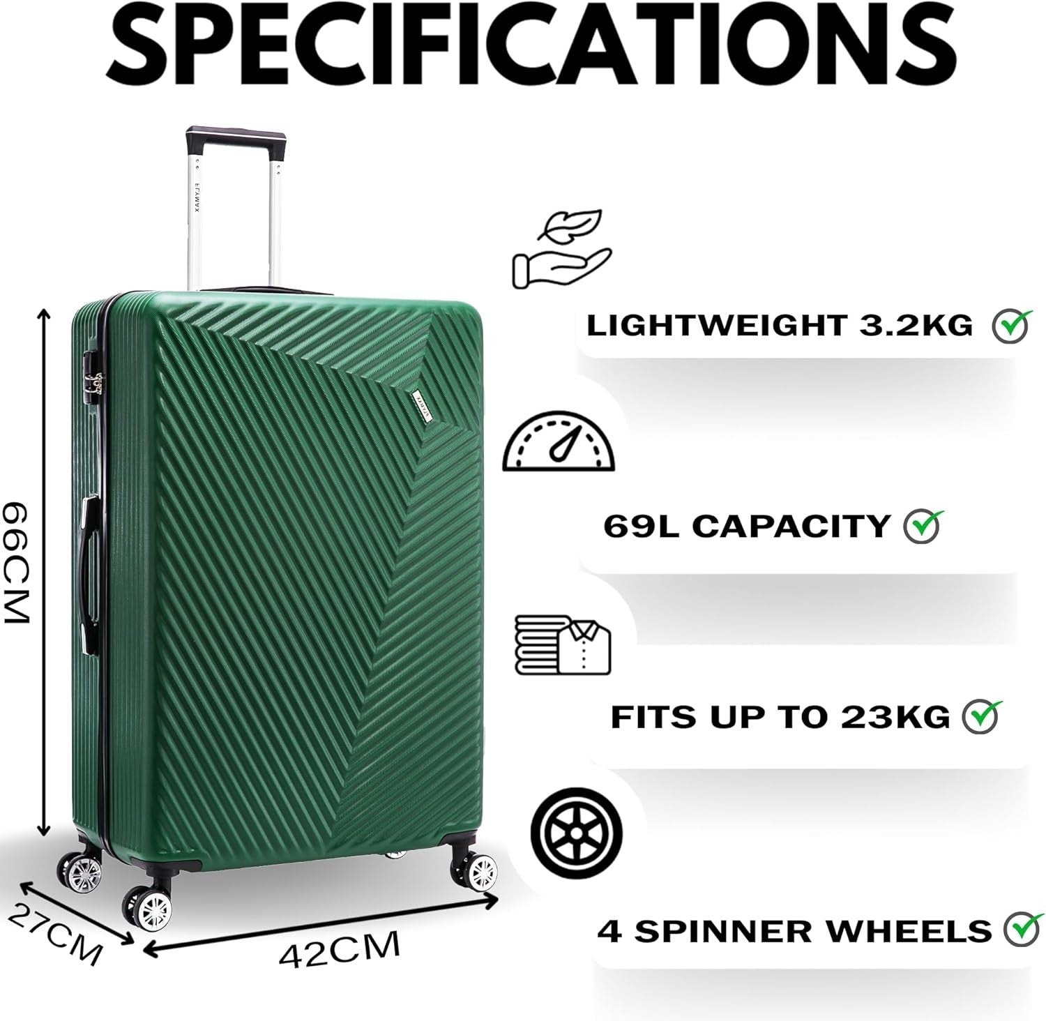 Medium Check-In Suitcase ABS Hard Shell 4 Wheel Spinner 67L Lockable