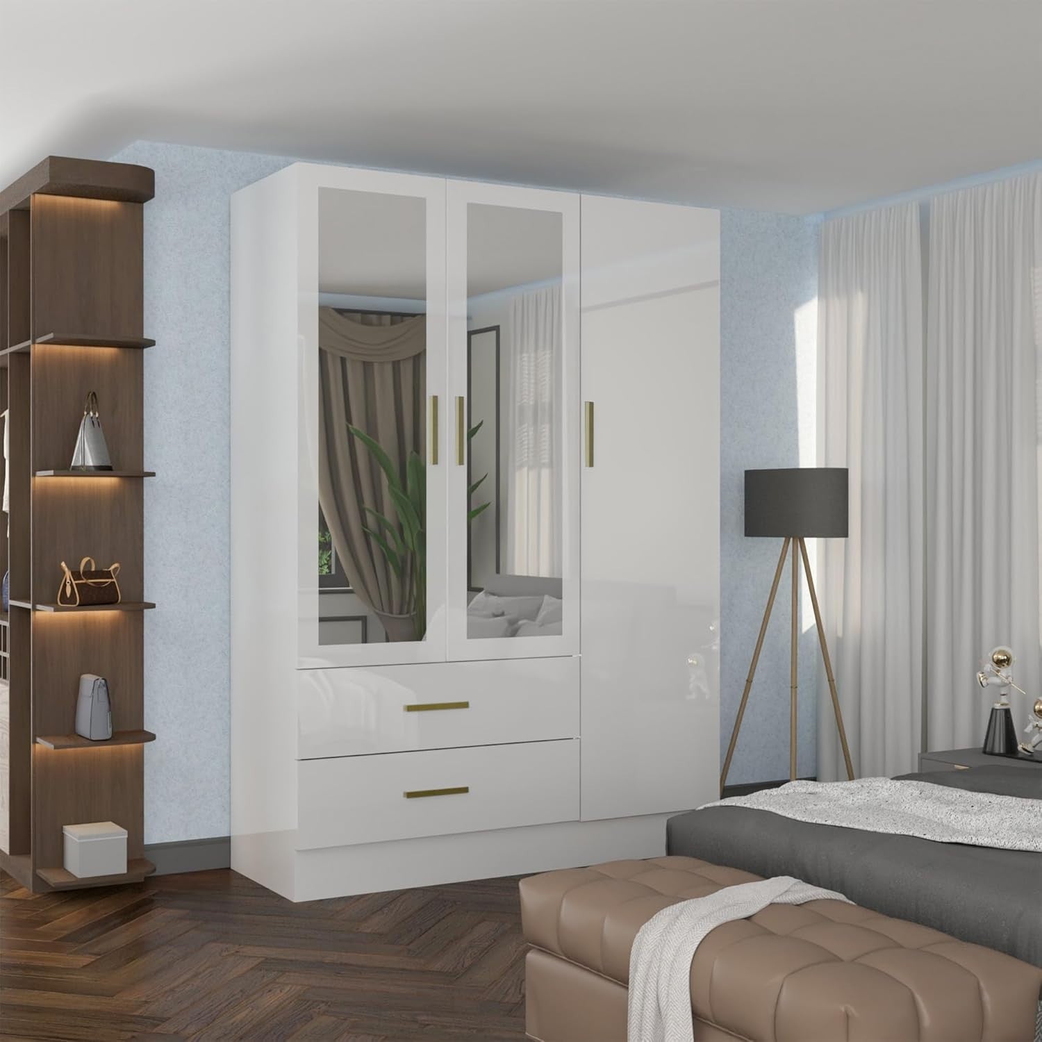 116cm High Gloss Mirrored Wardrobe with Shelves, Drawers & Hanging Rail