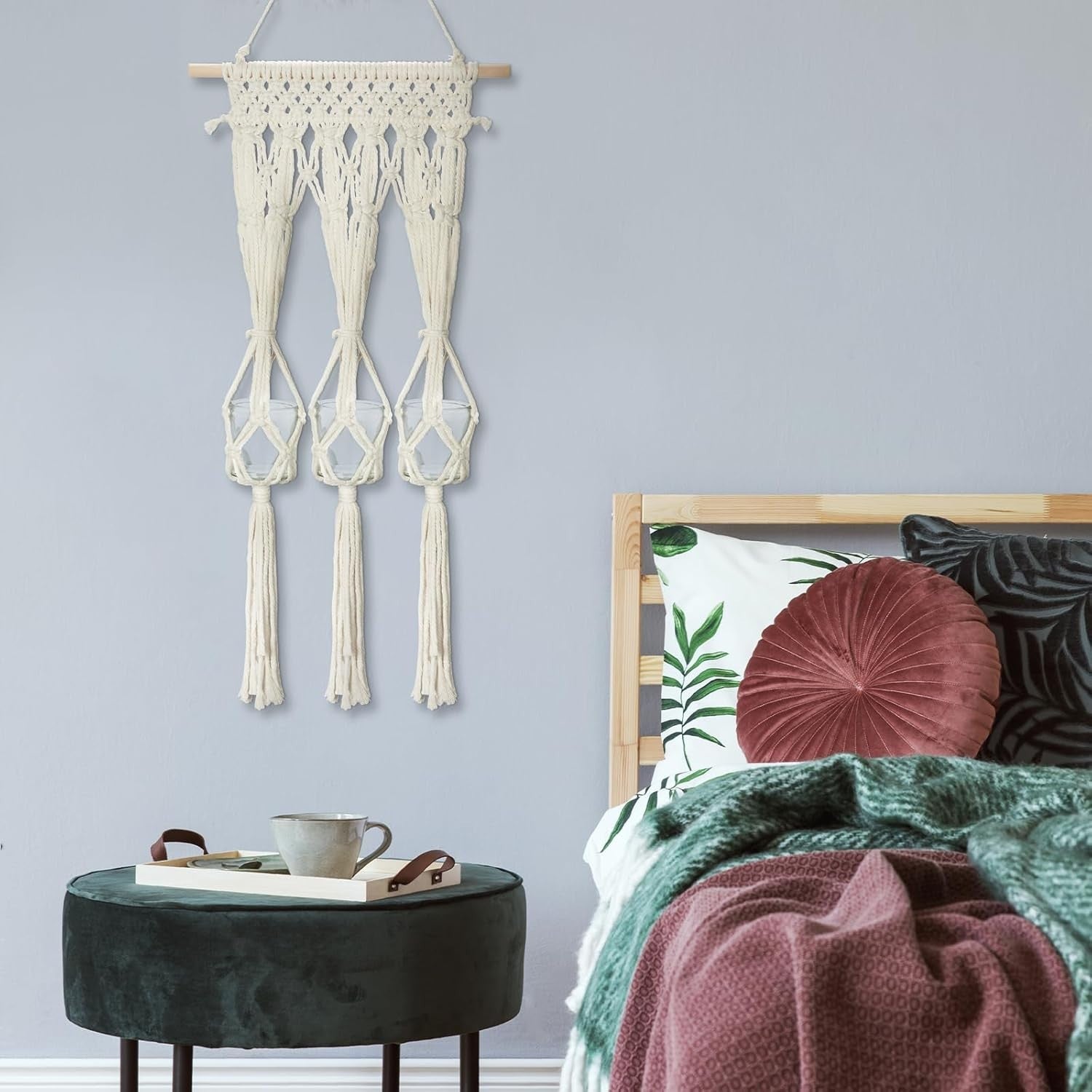 Macrame Wall Hanging with 3 Glass Vases Boho Home Decor