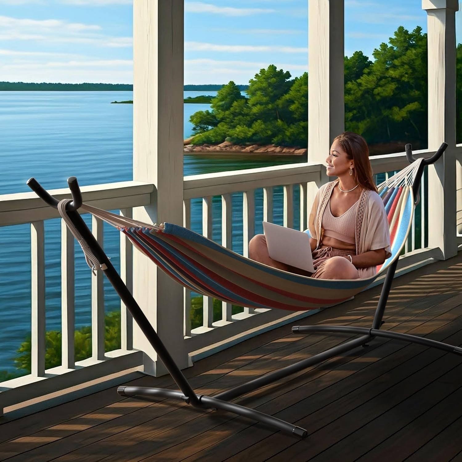 2-Person Luxury Hammock with Steel Stand, Heavy Duty 450lbs, Portable Comfort