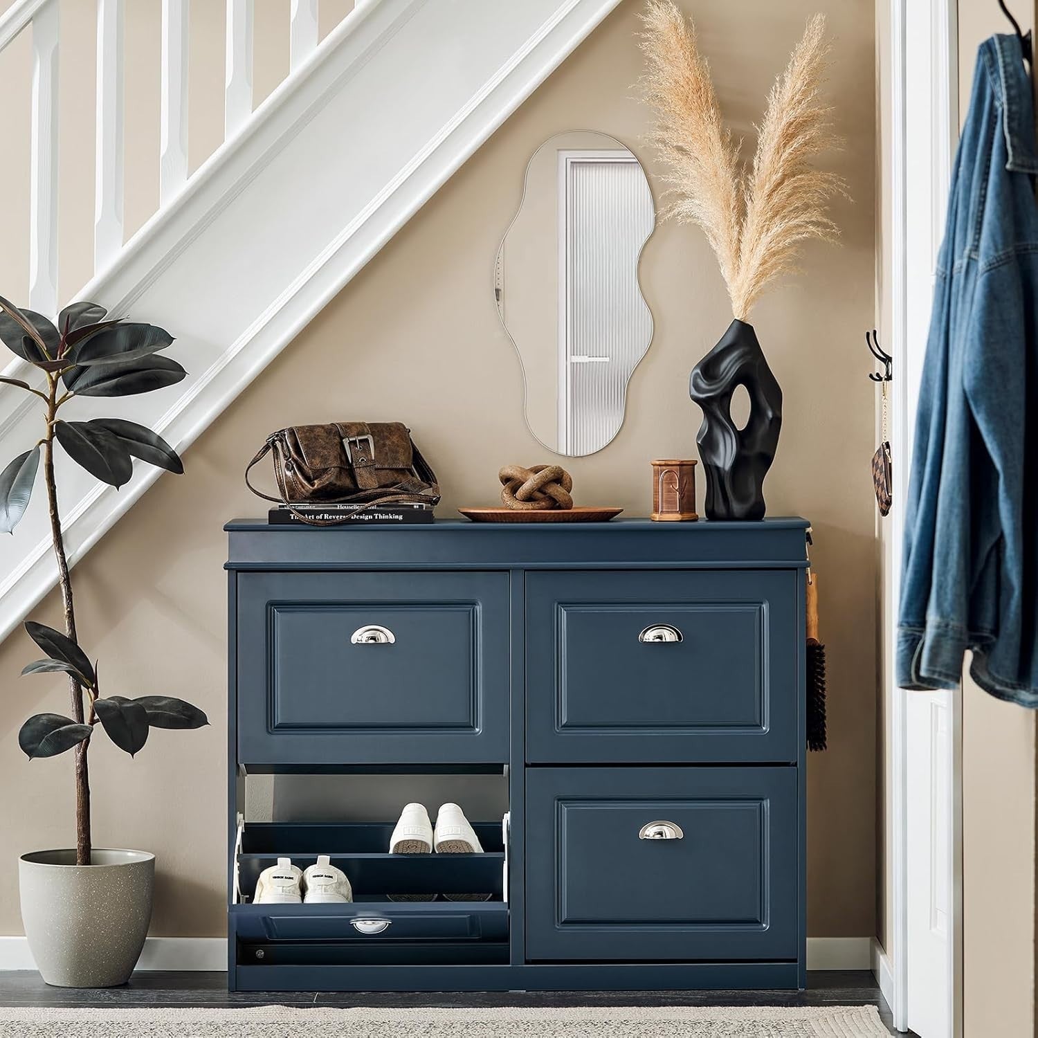 Slim Blue Shoe Storage Cabinet with 4 Flip Drawers, Space-Saving 104x24x83cm
