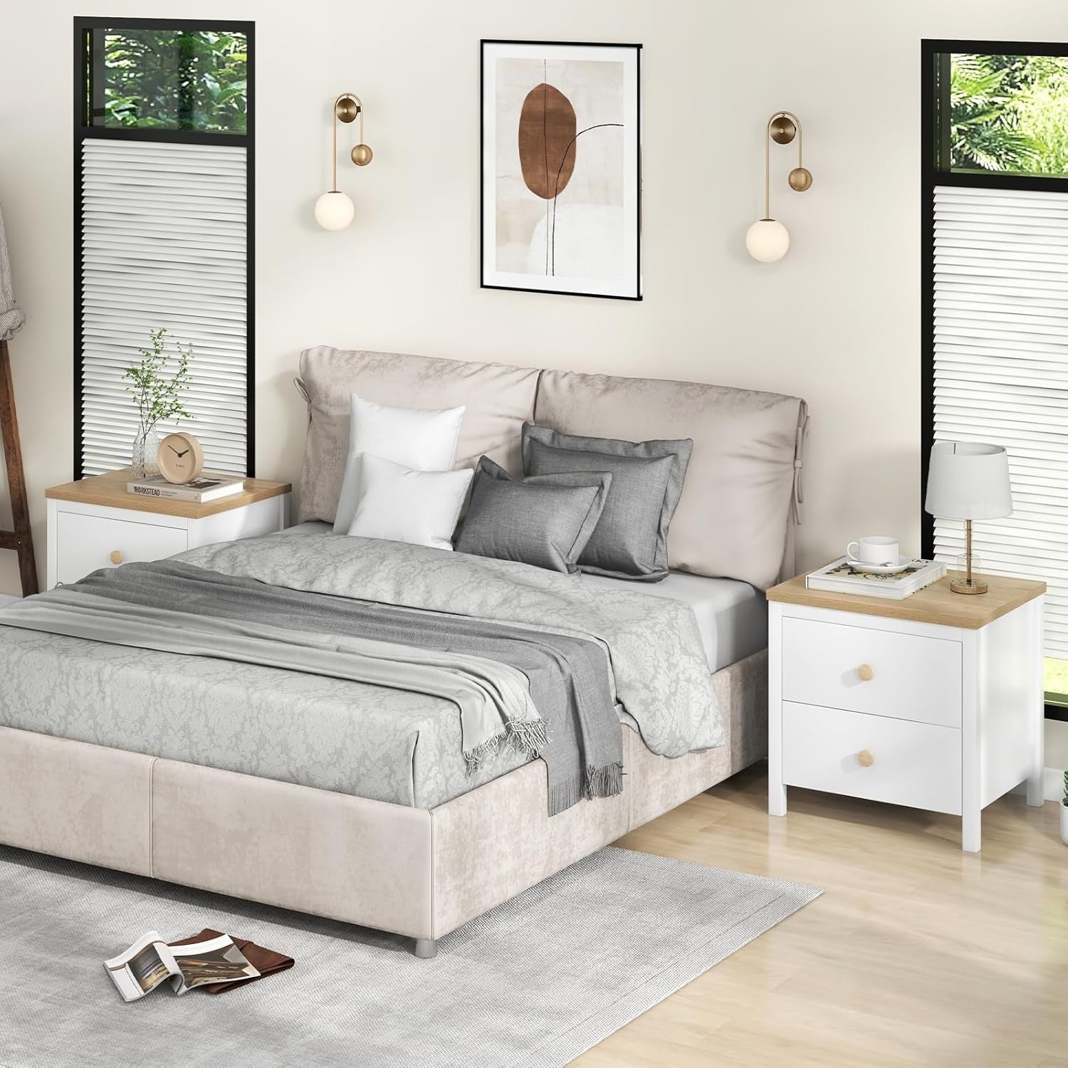 White 2 Drawer Bedside Table with Wood Top – Modern Nightstand