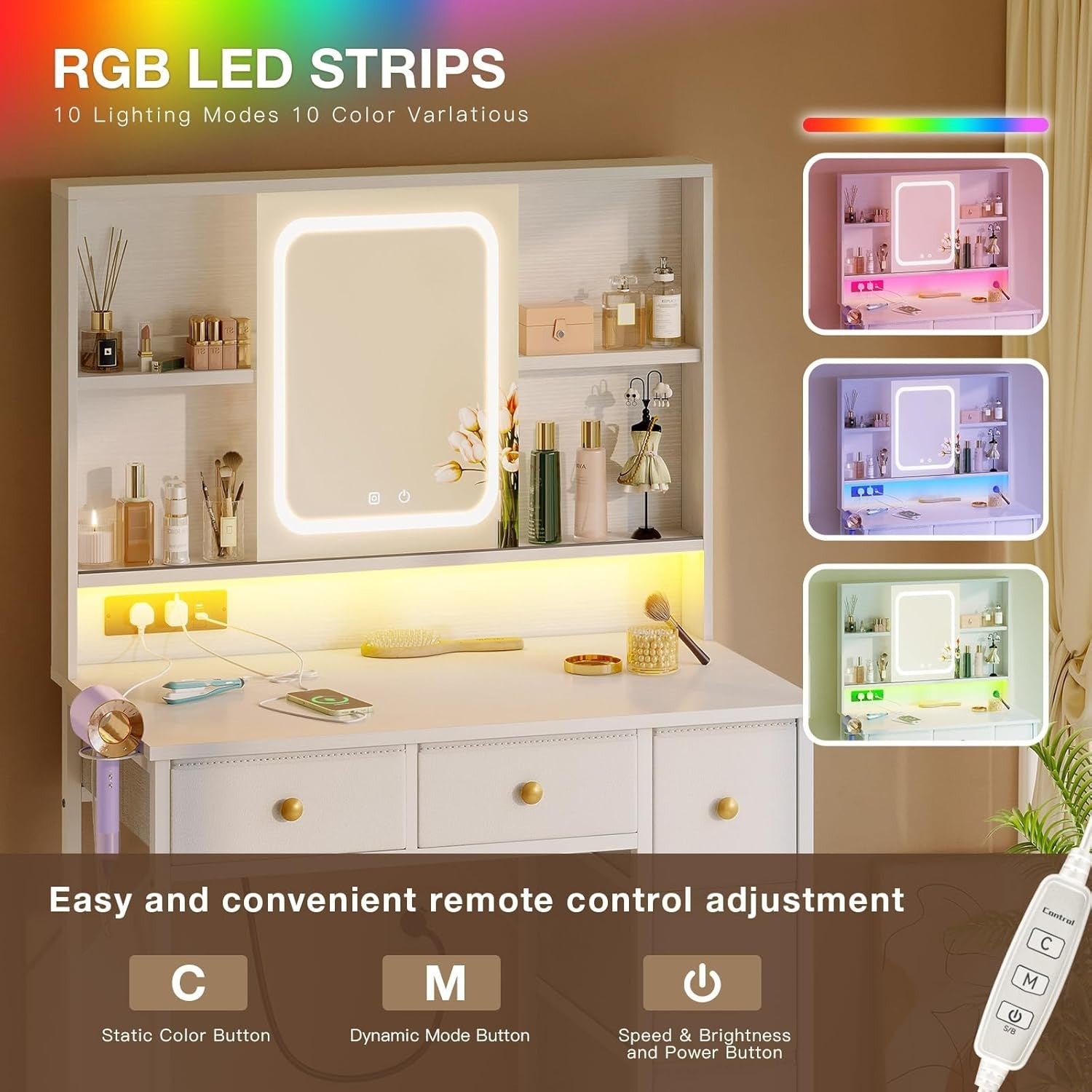 White LED Dressing Table Vanity Desk 5 Drawers RGB Power Outlet Makeup Storage
