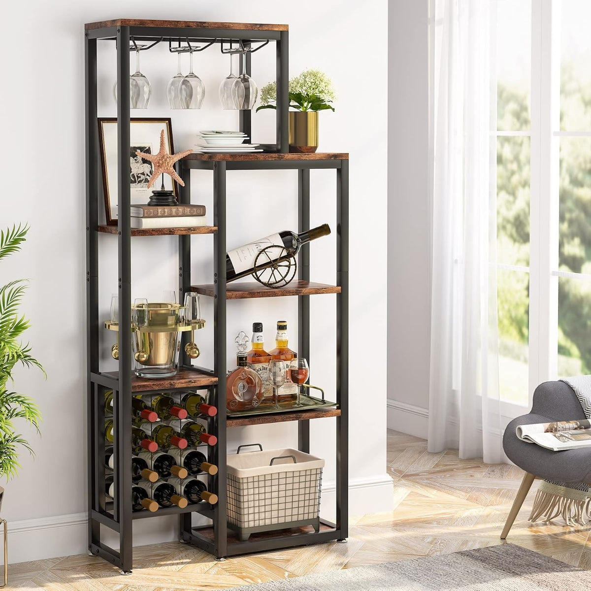 5-Tier Wine Rack Shelf with Glass Holder & Storage, Rustic