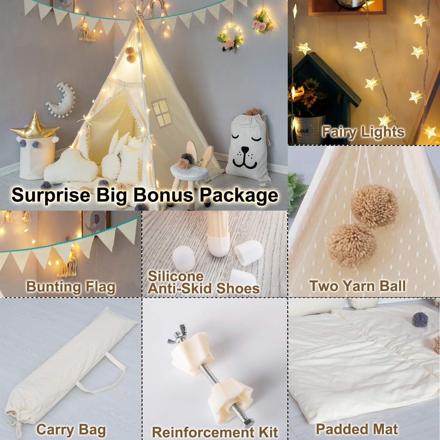 Kids Teepee Tent Cotton Canvas w Mat Banner Tassels Room Decor