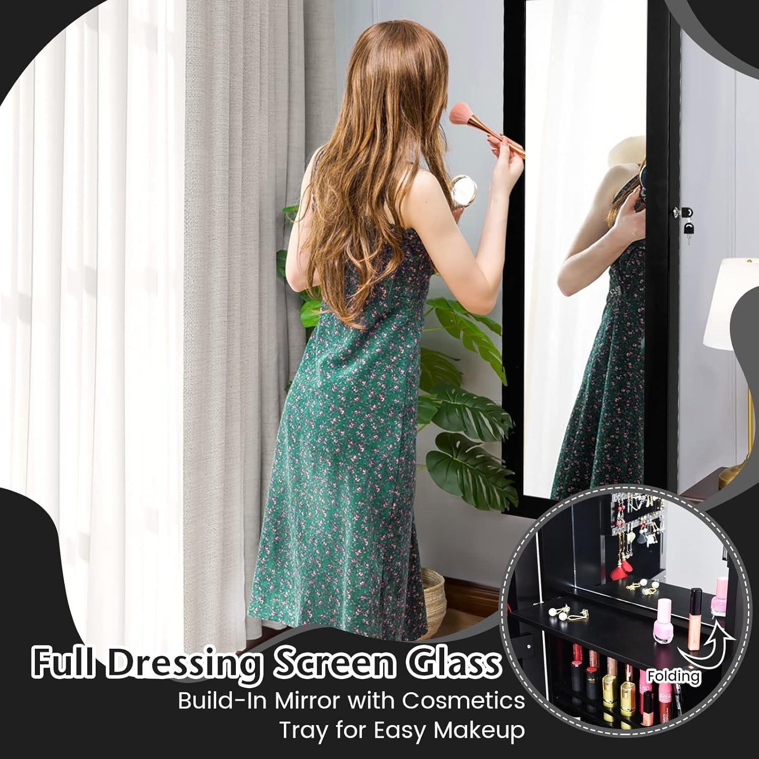Black LED Wall Mounted Jewelry Cabinet Mirror Lockable Slim Organizer